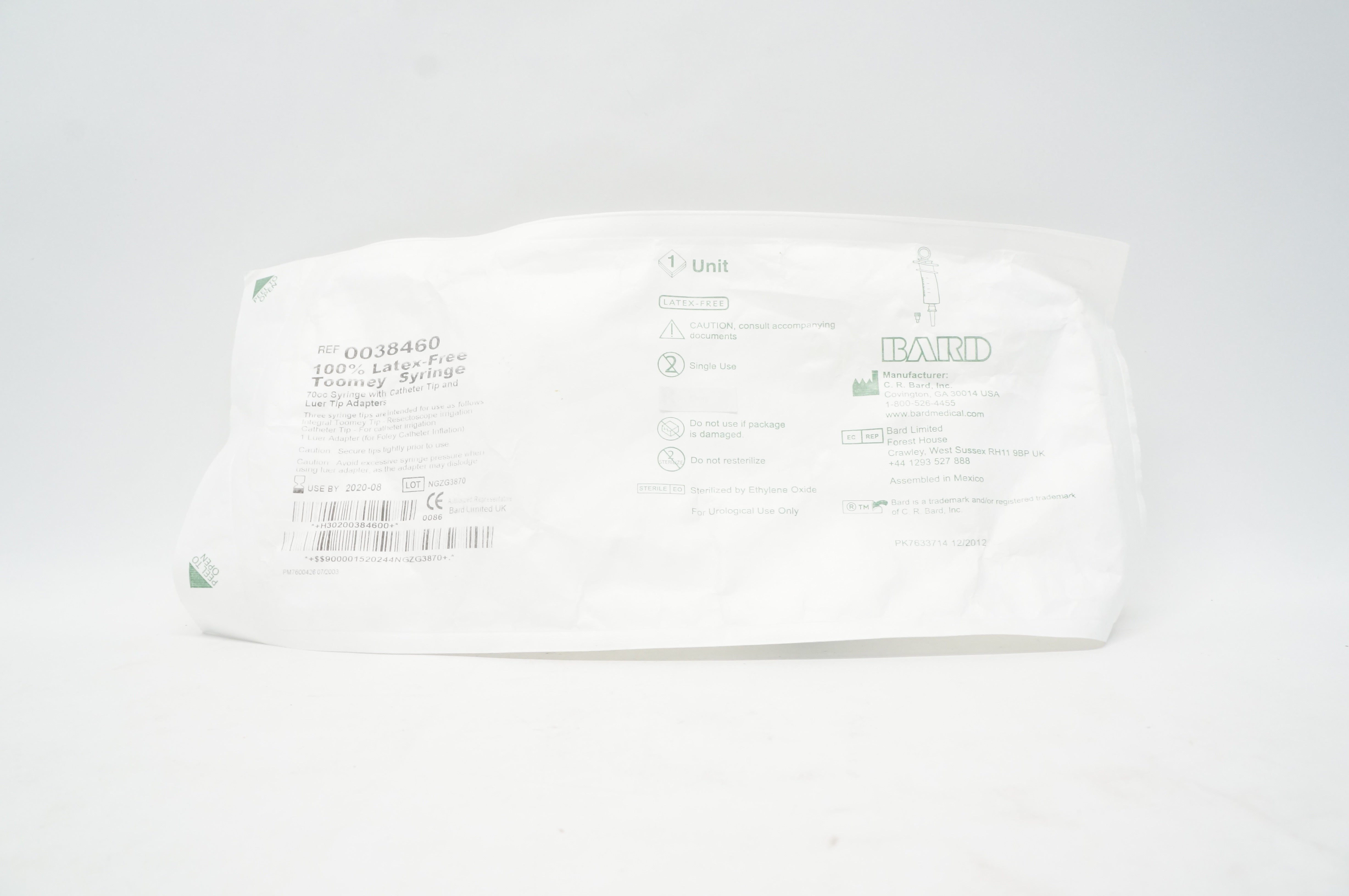 Bard 0038460 Toomey Syringe 70cc With Cath. Tip & Luer Tip Adapters (x)