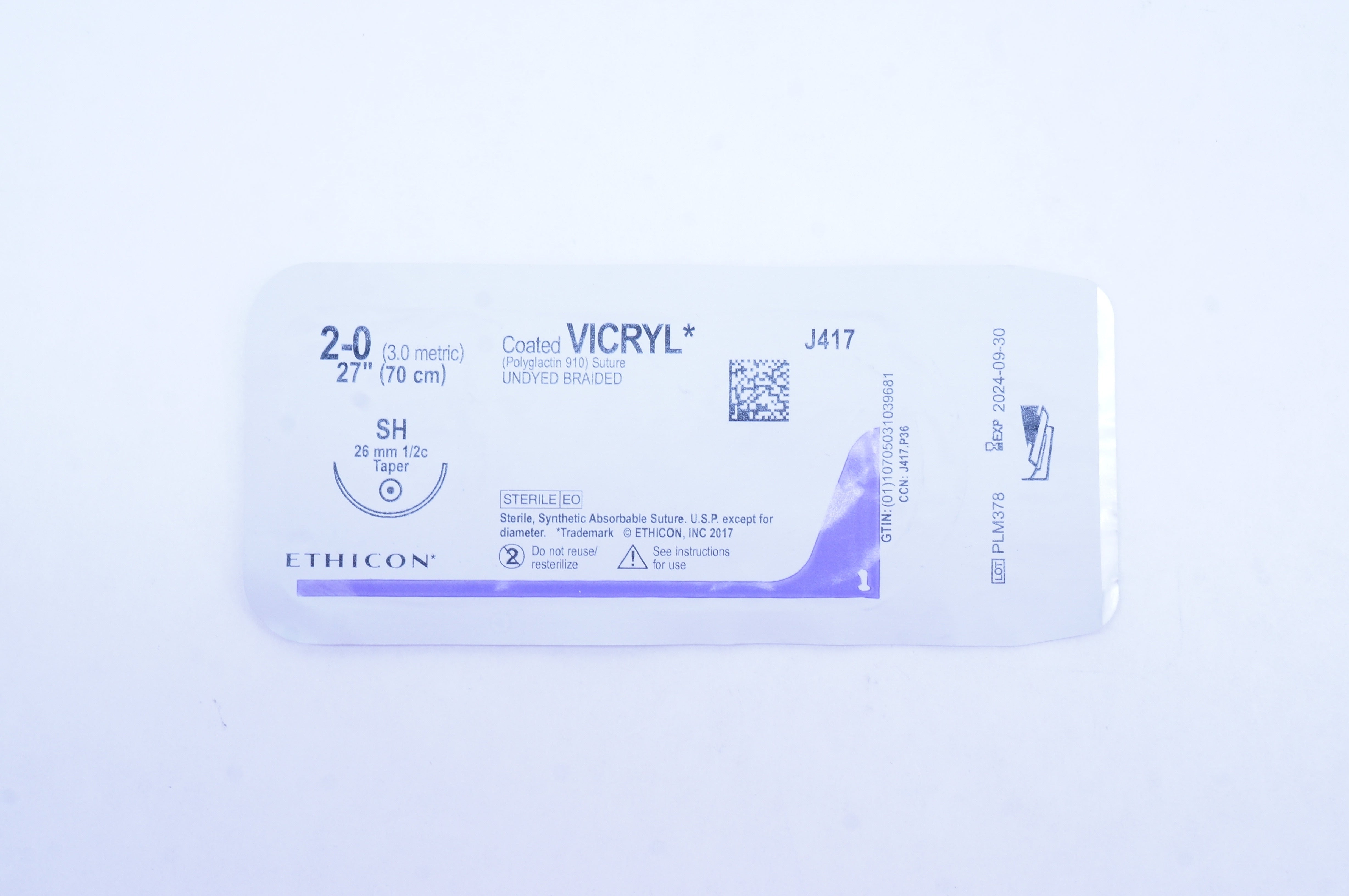 Ethicon J417 2-0 VICRYL SH 26mm 1/2c Taper 27inch (x)