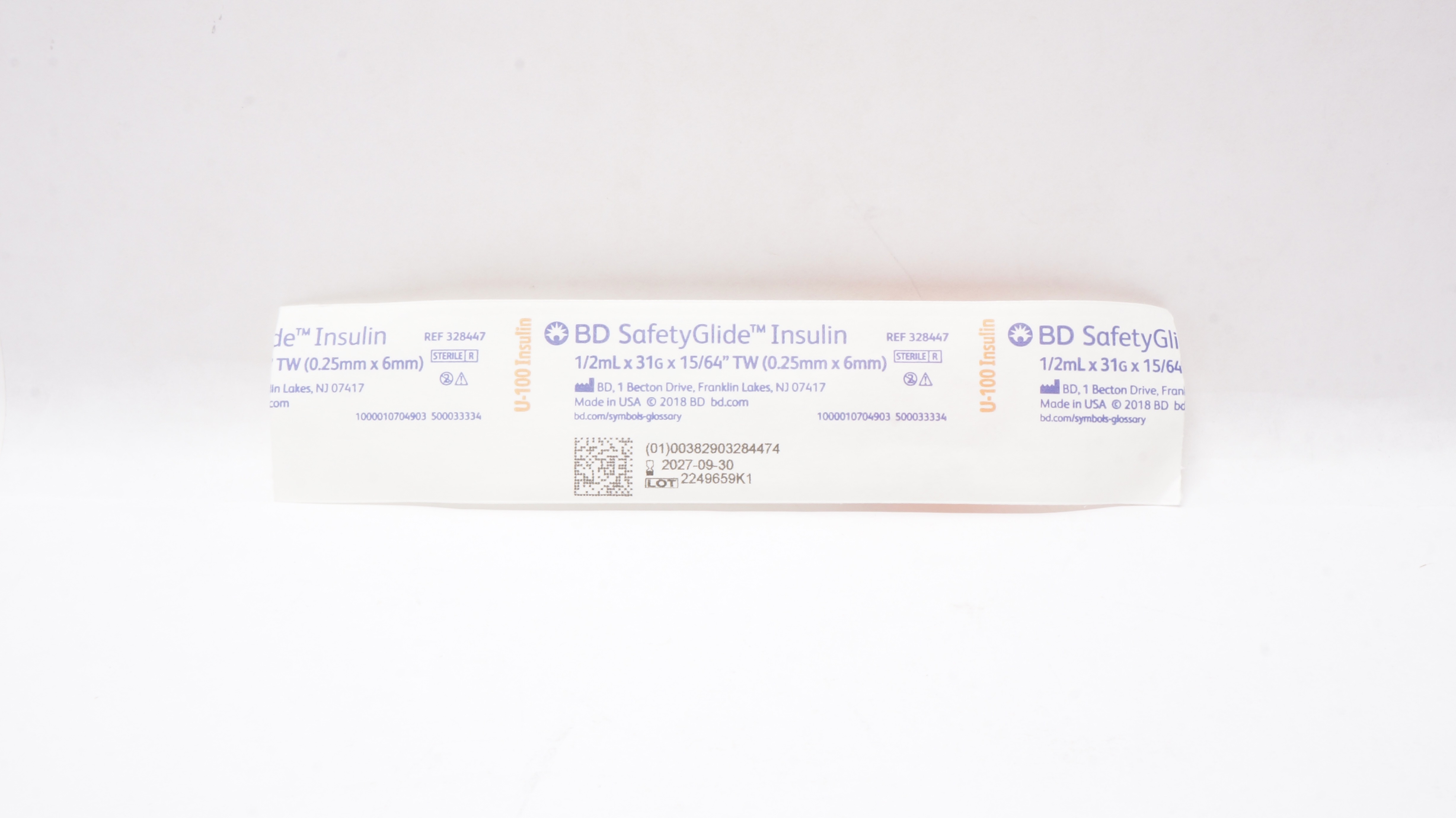 BD 328447 SafetyGlide Insulin Syringe 1/2mL x 31G x 15/64inch TW
