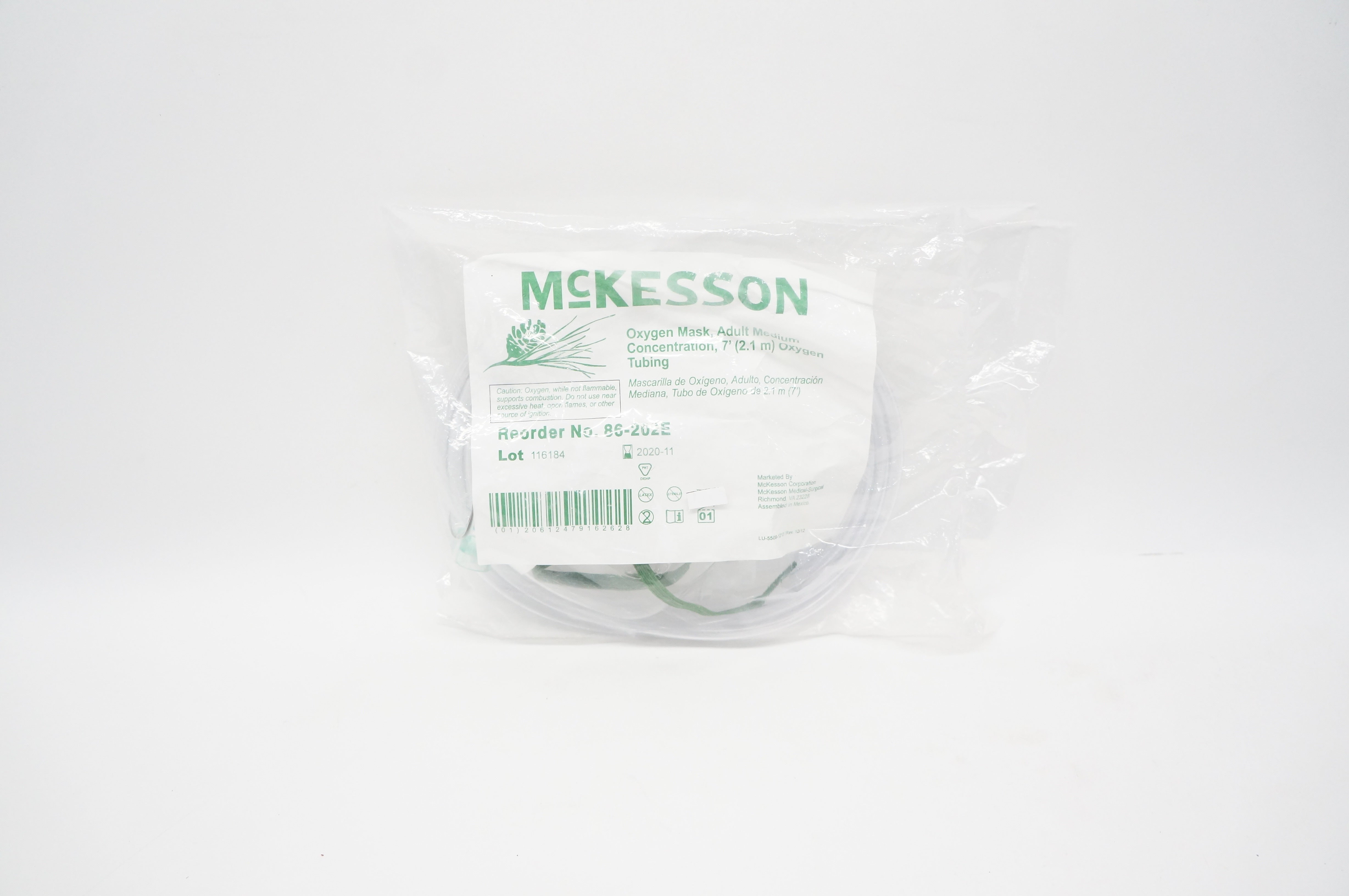 McKesson 86-202E Oxygen Mask Adult Medium Concentration 7' Oxygen Tubing (x)