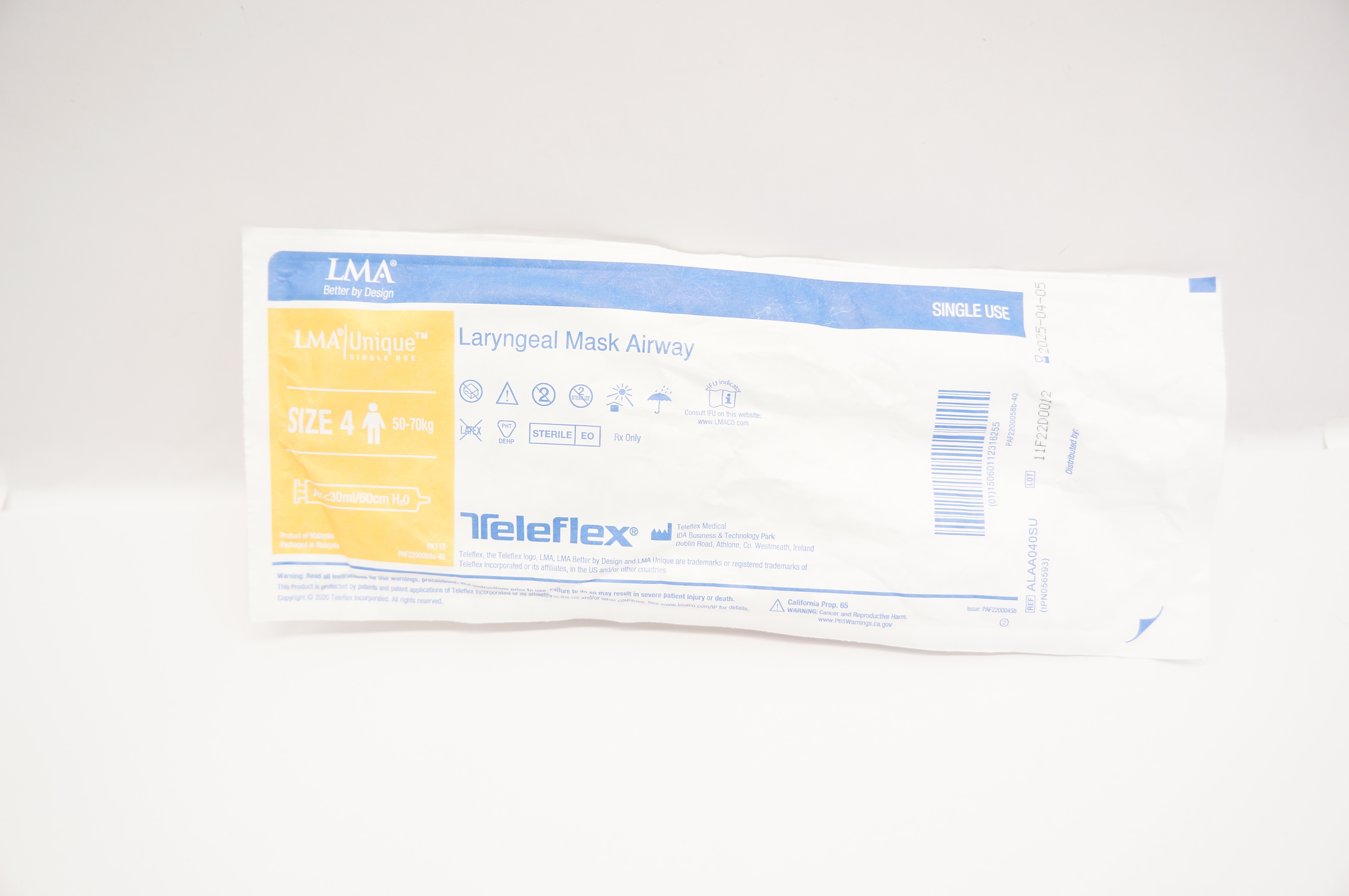 Teleflex ALAA040SU LMA Laryngeal Mask Airway Size 4, 50-70kg Air <30cm/60ml H2O