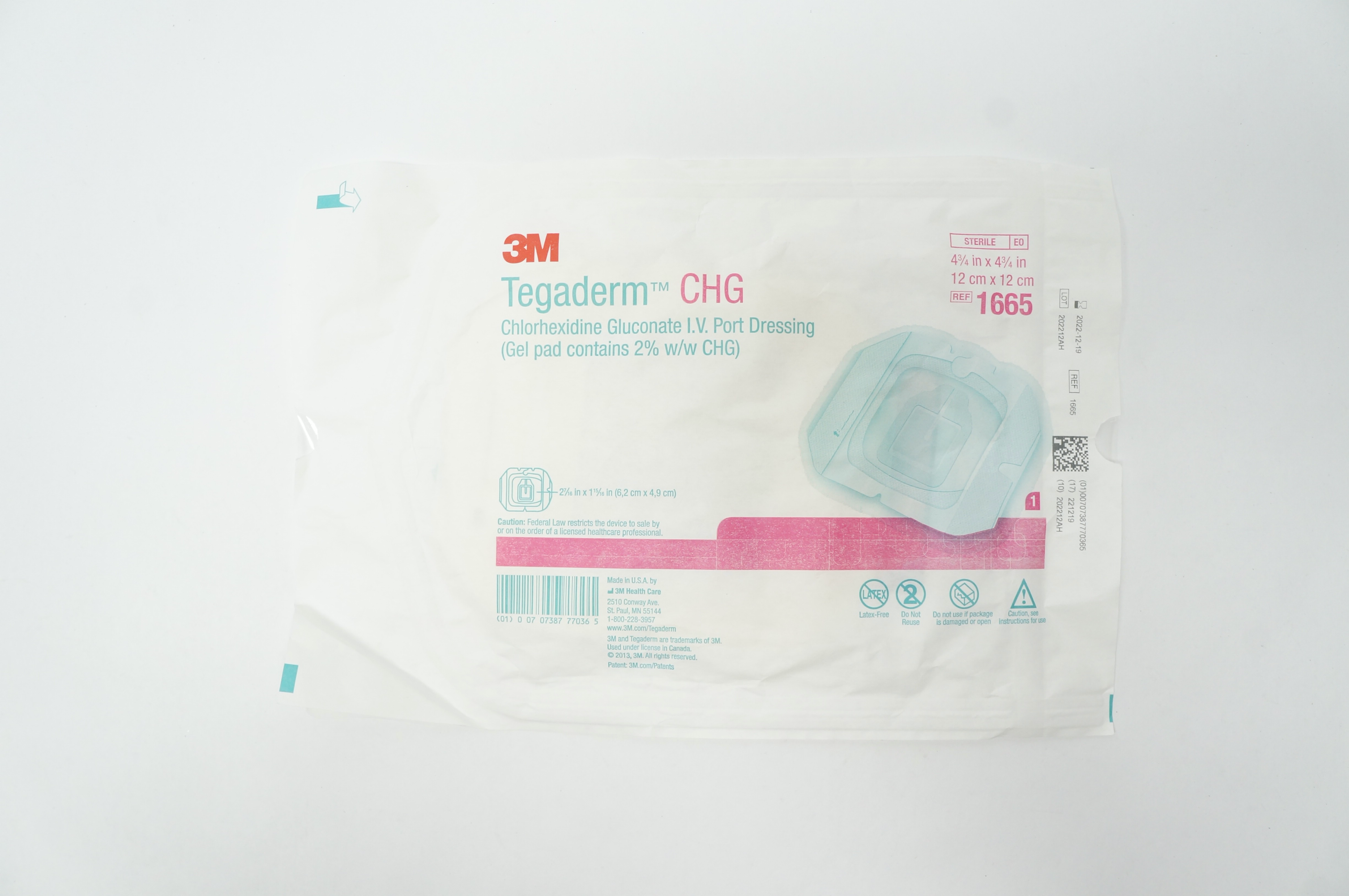 3M 1665 Tegaderm CHG Chlorhexidine Gluconate IV Port Dressing 4 3/4 x 4 3/4in