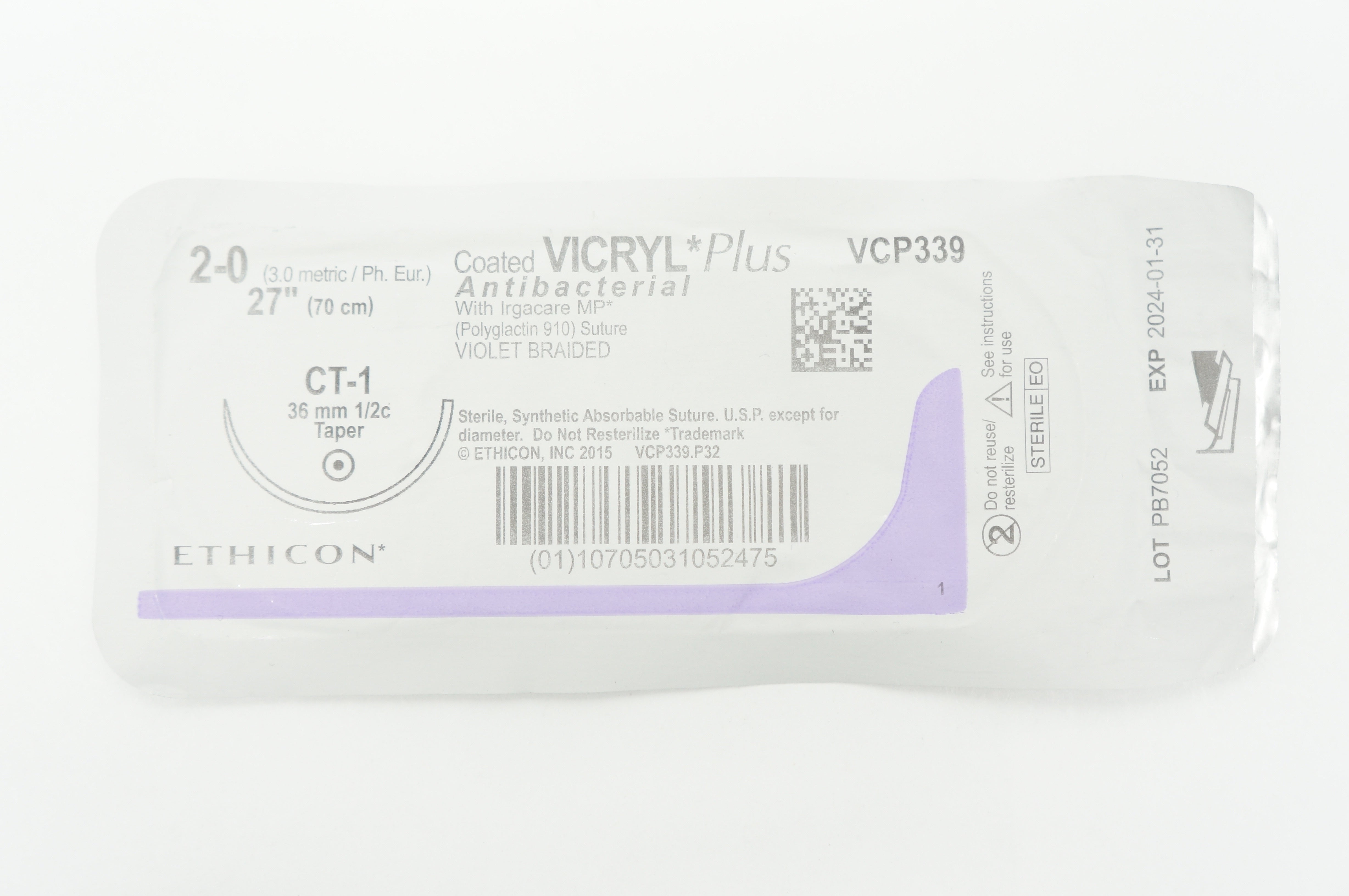 Ethicon VCP339 2-0 VICRYL Plus CT-1 36mm 1/2c Taper 27inch (x)