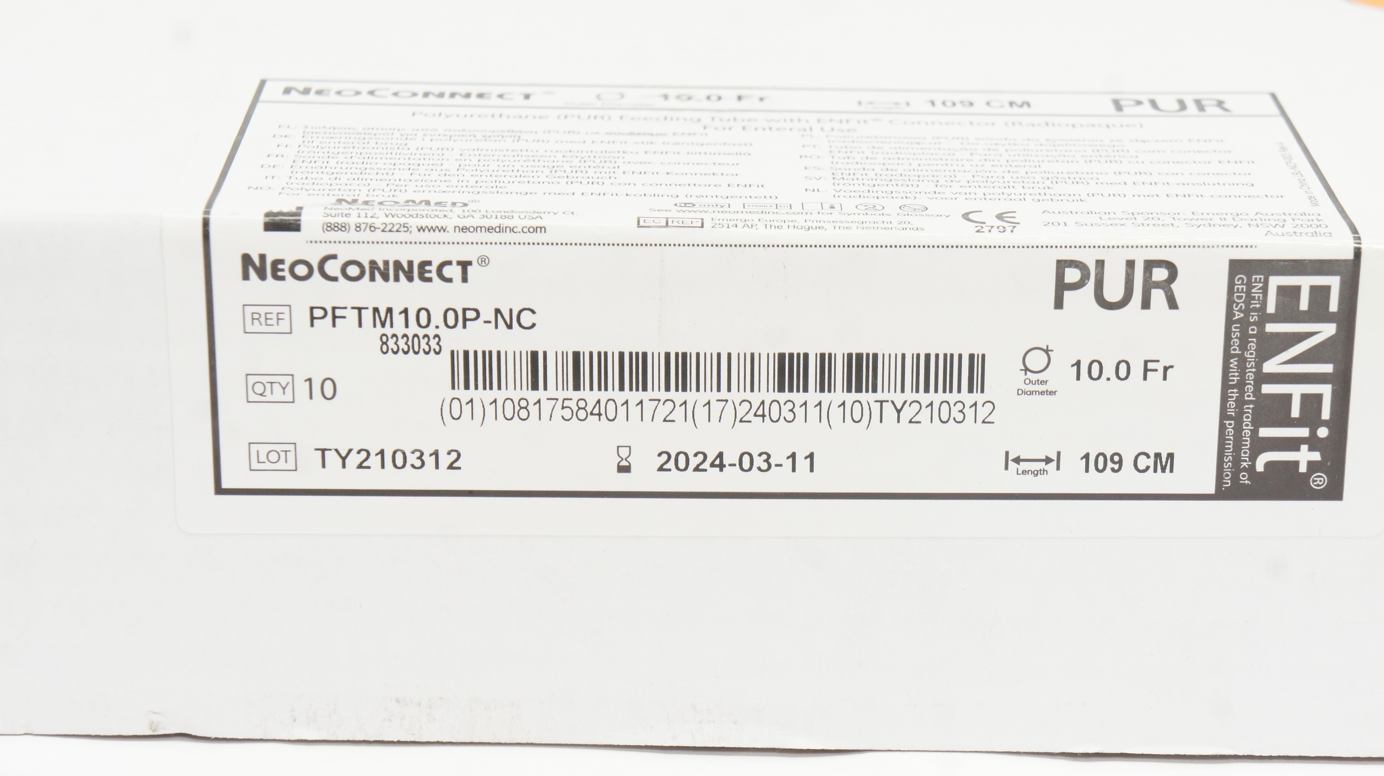NeoMed PFTM10.0P-NC NeoConnect PUR Feeding Tube 10.0Fr x 109cm - Box of 6