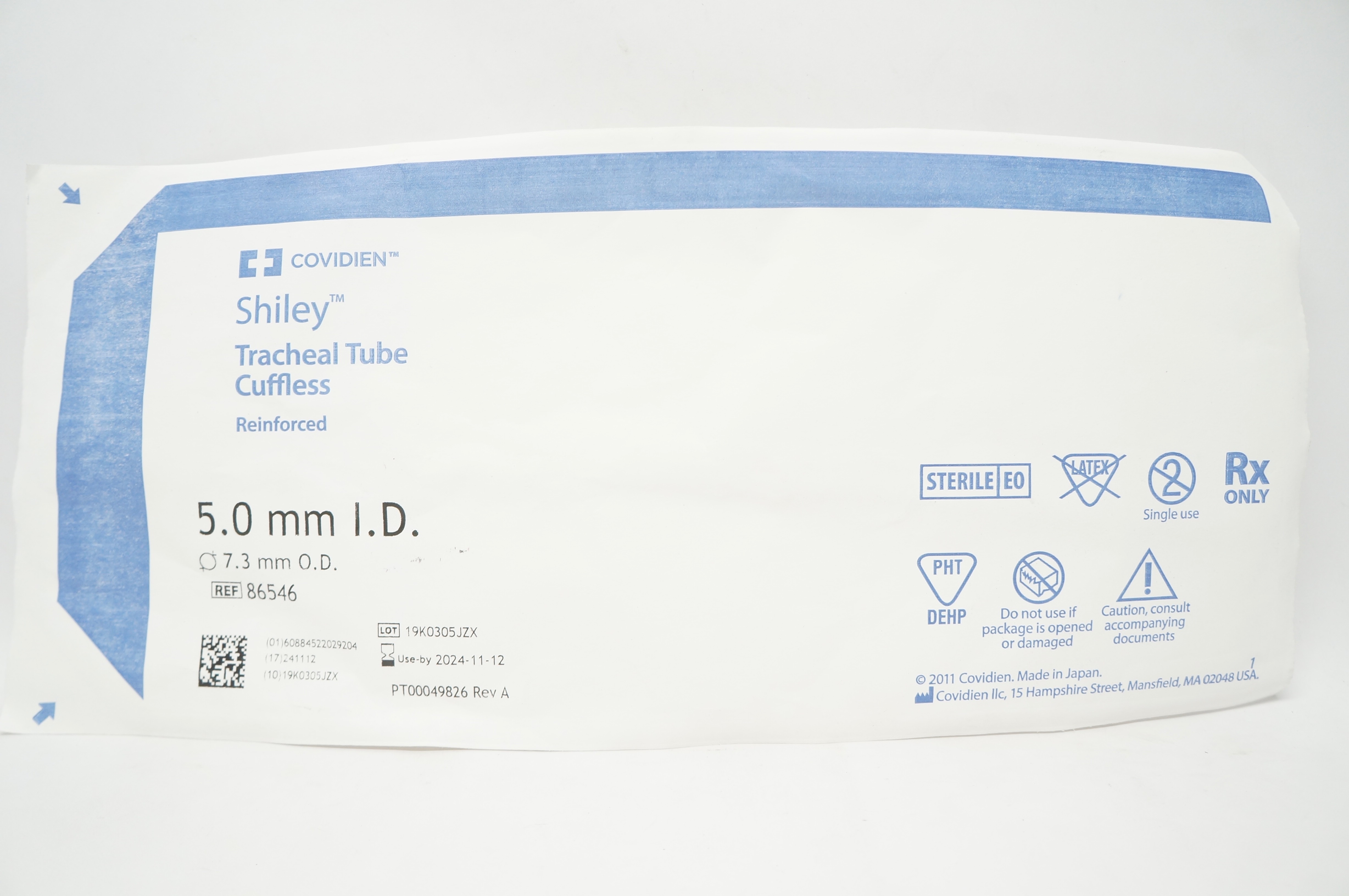 Covidien 86546 Shiley Tracheal Tube Cufless Reinforced 5.0mm x 7.3mm