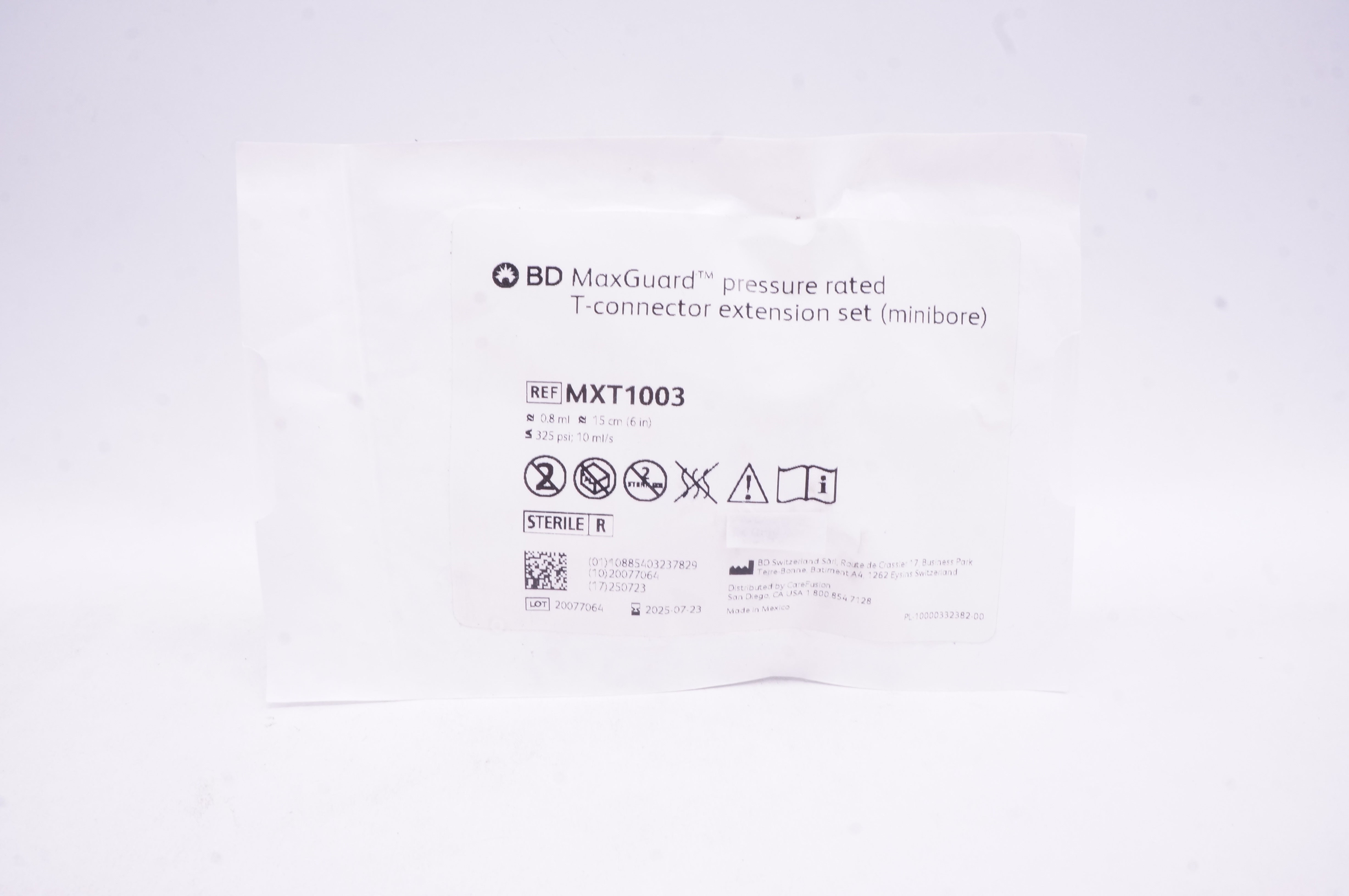 BD MXT1003 MaxGuard Pressure Rated T-Connector Extension Set ≈0.8ml ≈6 inch