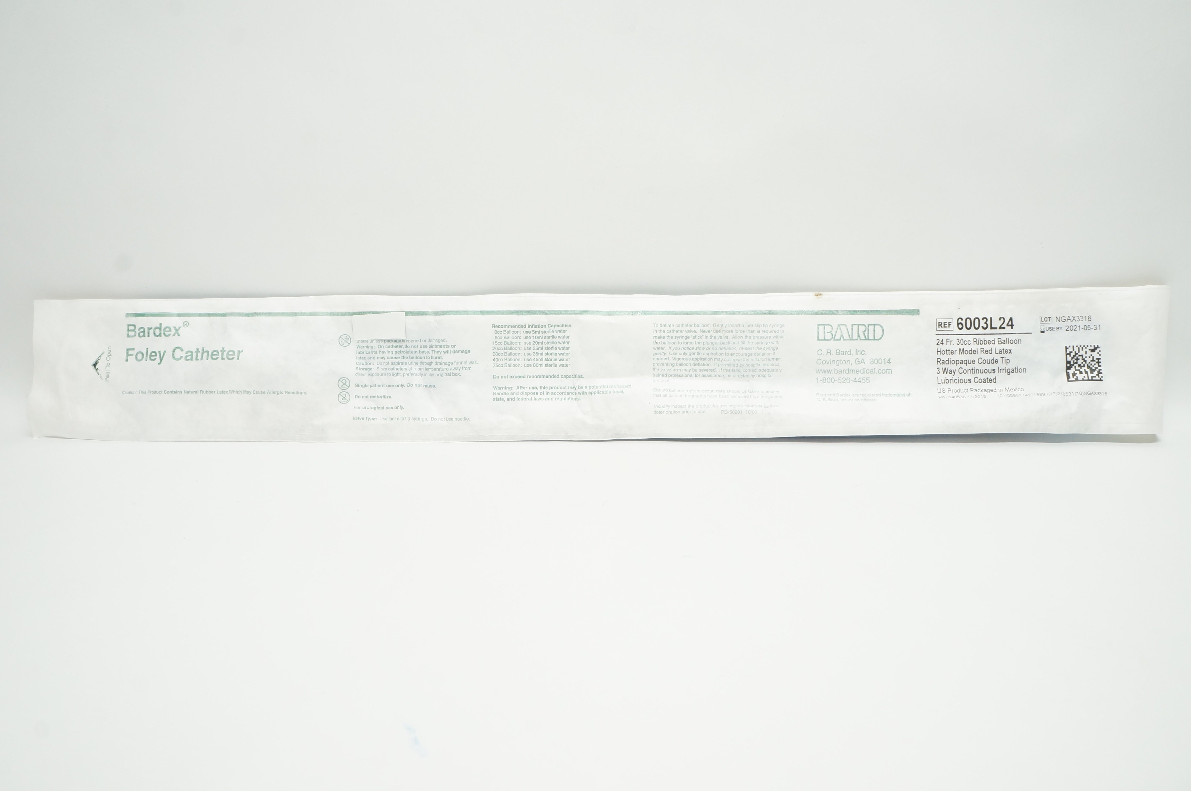 Bard 6003L24 Bardex Foley Cath. 24Fr 30cc Ribbed Balloon Hotter Model (x)