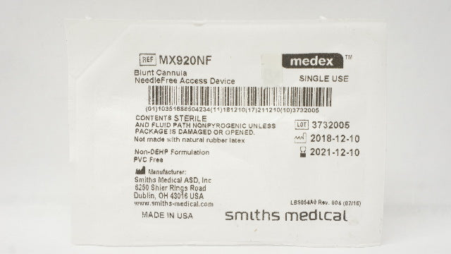 Smiths Medical MX920NF Medex Blunt Cannula Ndle-Free Access Device (x)