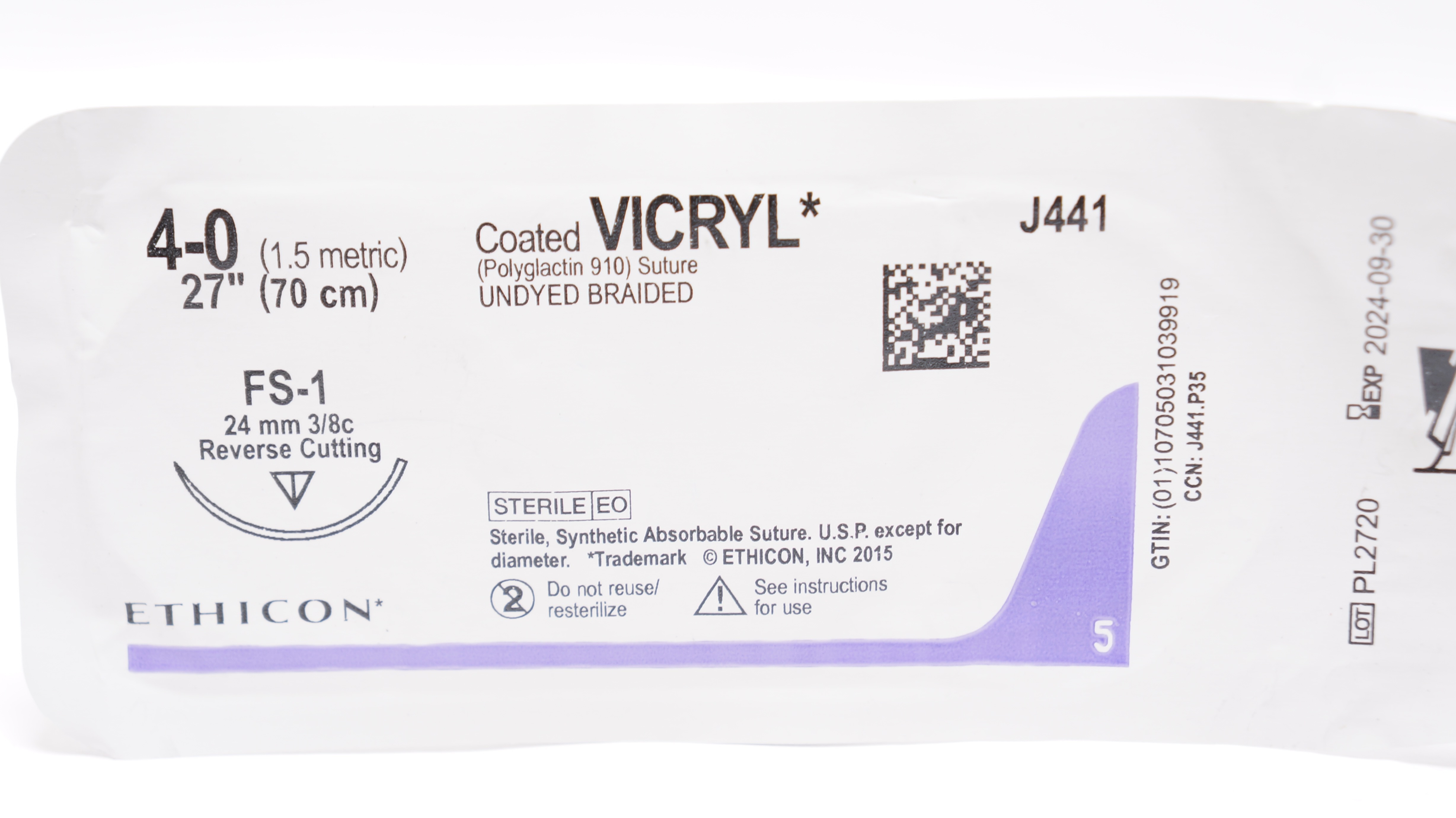 Ethicon J441 4-0 Coated VICRYL Stre FS-1 24mm 3/8c Reverse Cutting 27inch