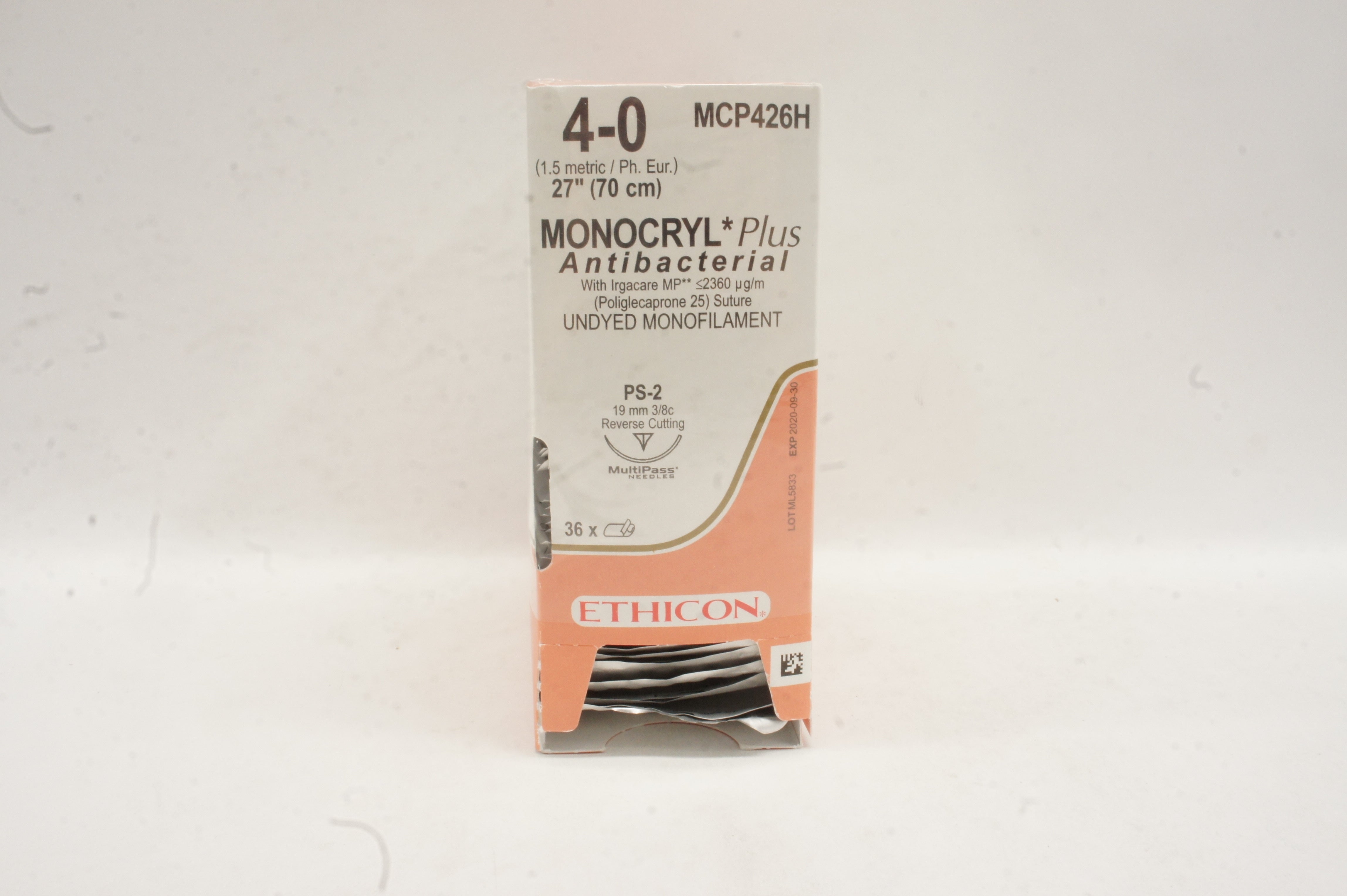 Ethicon MPC426H MONOCRYL 4-0 27inch PS-2 19mm 3/8c Reverse Cutting-Box of 34 (x)