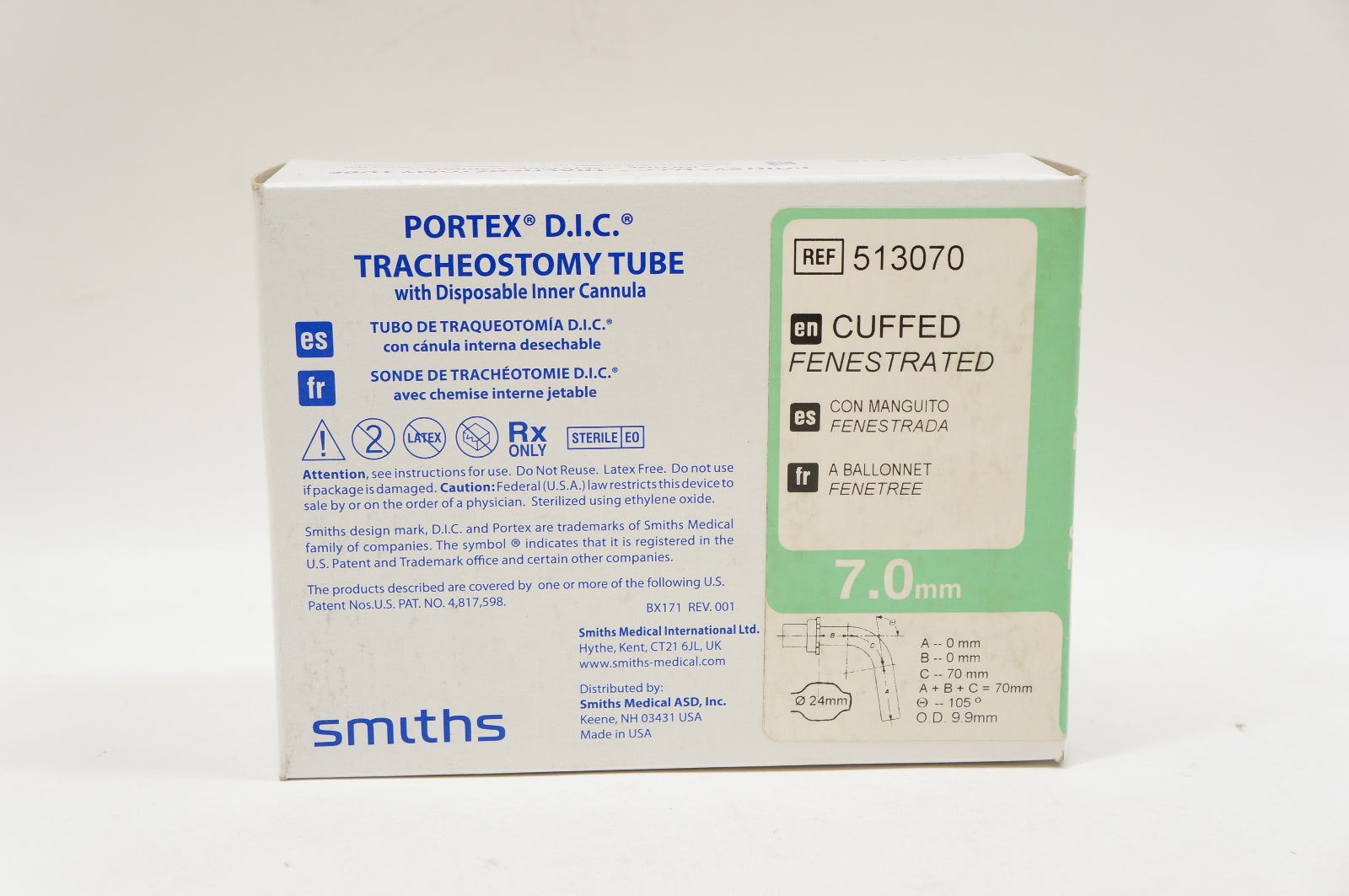 Smiths Medical 513070 PORTEX D.I.C. Tracheostomy Tube, Cuffed, 7.0mm (x)