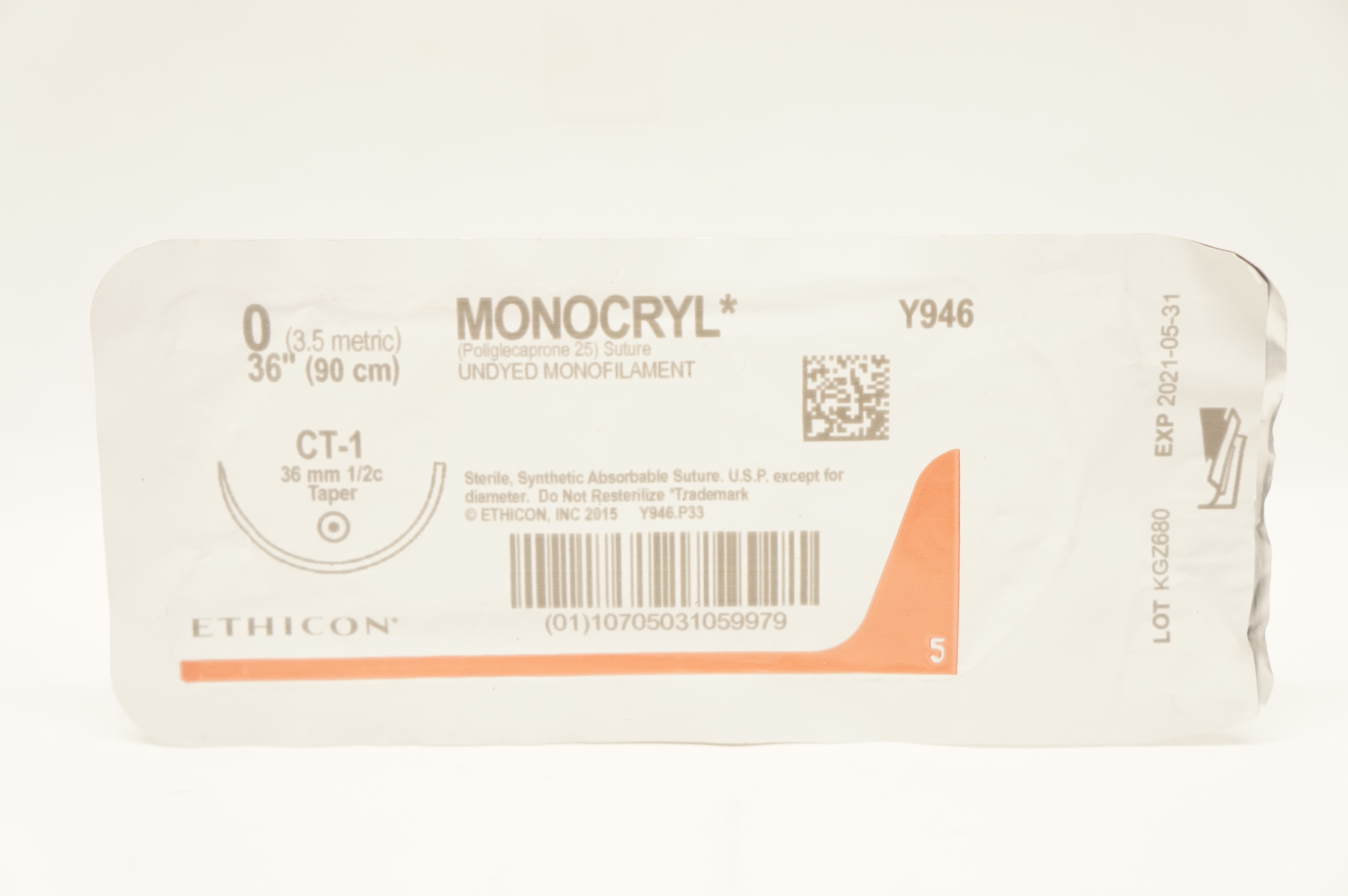 Ethicon Y946 0 MONOCRYL Stre Undyed Monofilament CT-1 36mm 1/2c Taper 36inch (x)