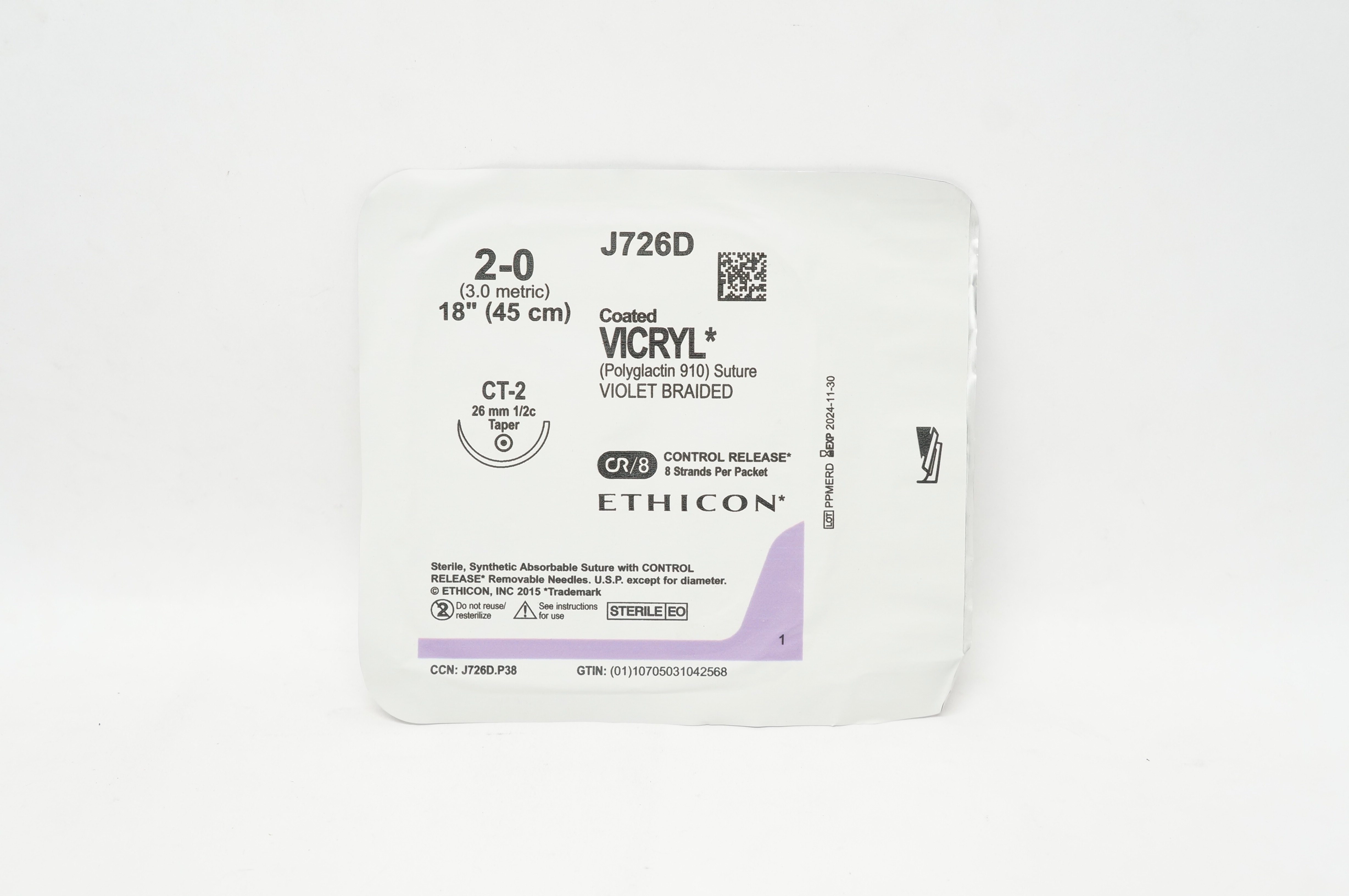Ethicon J726D 2-0 Coated VICRYL Stre CT-2 26mm 1/2c Taper, 18inch