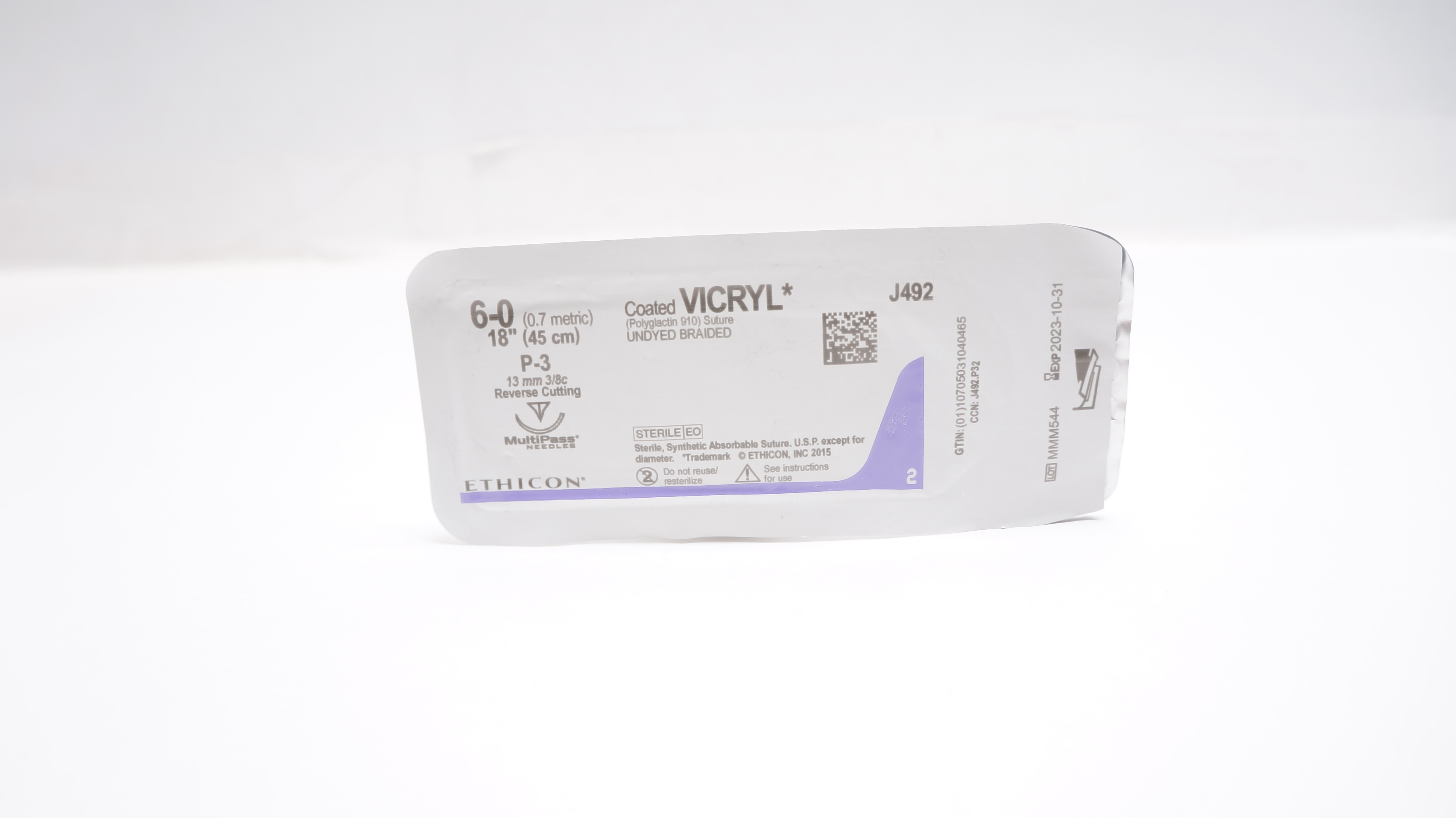 Ethicon J492 6-0 VICRYL Polyglactin Stre P-3 13mm 3/8c Reverse Cutting 18inch(x)