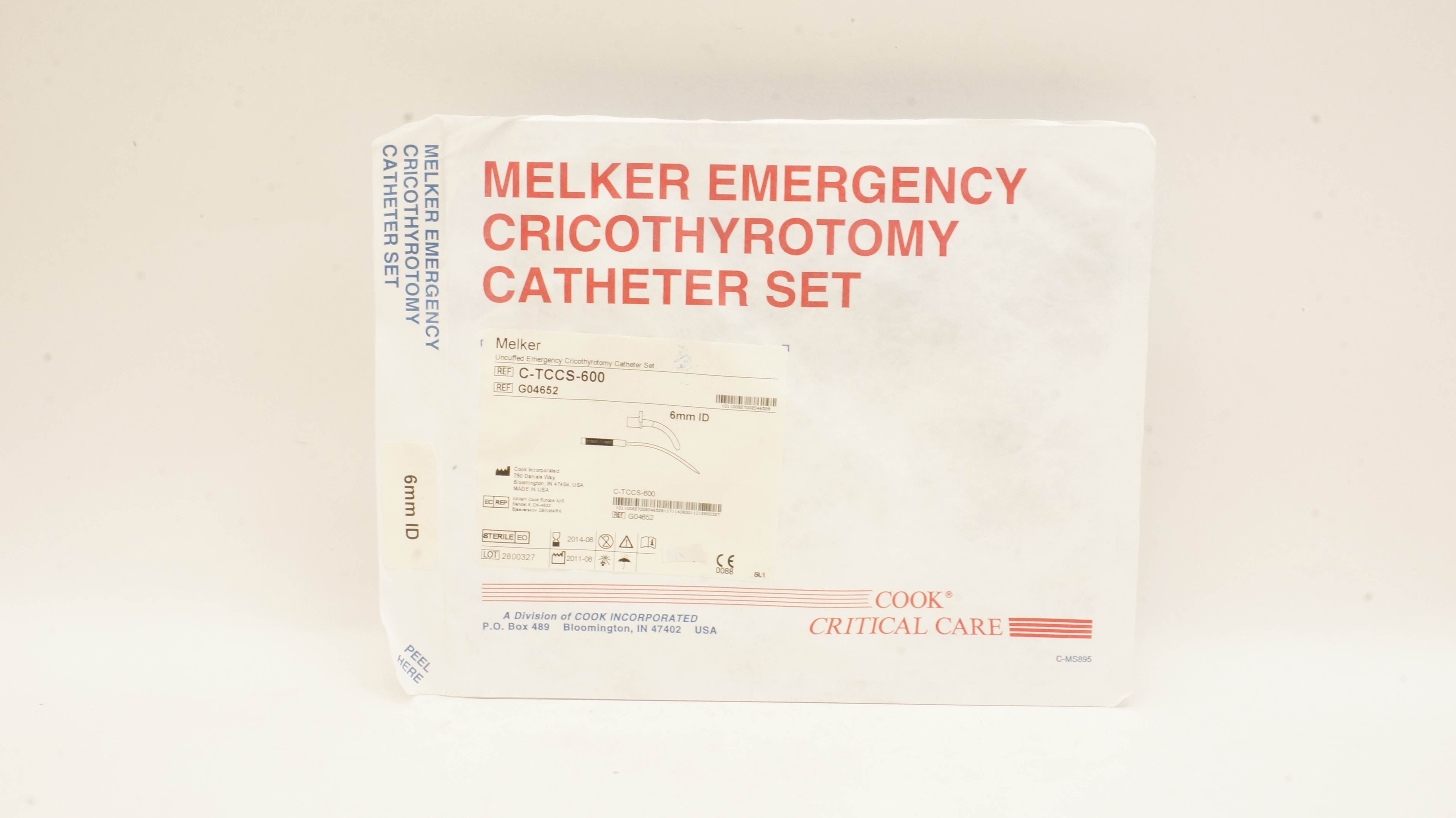 Cook Medical G04652 Melker Uncuffed Emergency Cricothyrotomy Cath. Set 6mm ID(x)