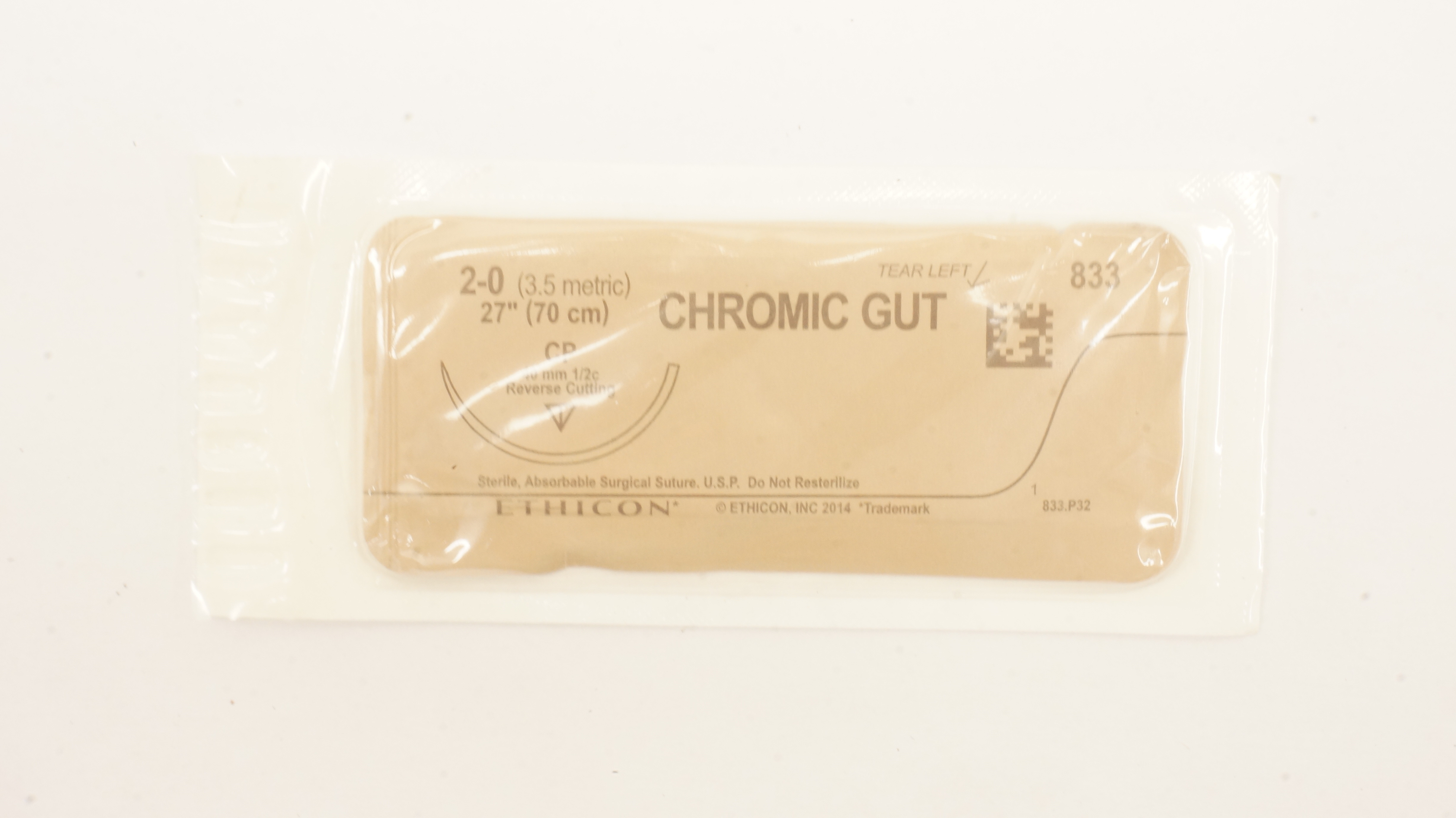 Ethicon 833 2-0 Chromic Gut Surgical Stre CP 40mm 1/2c Reverse Cutting 27inch(x)