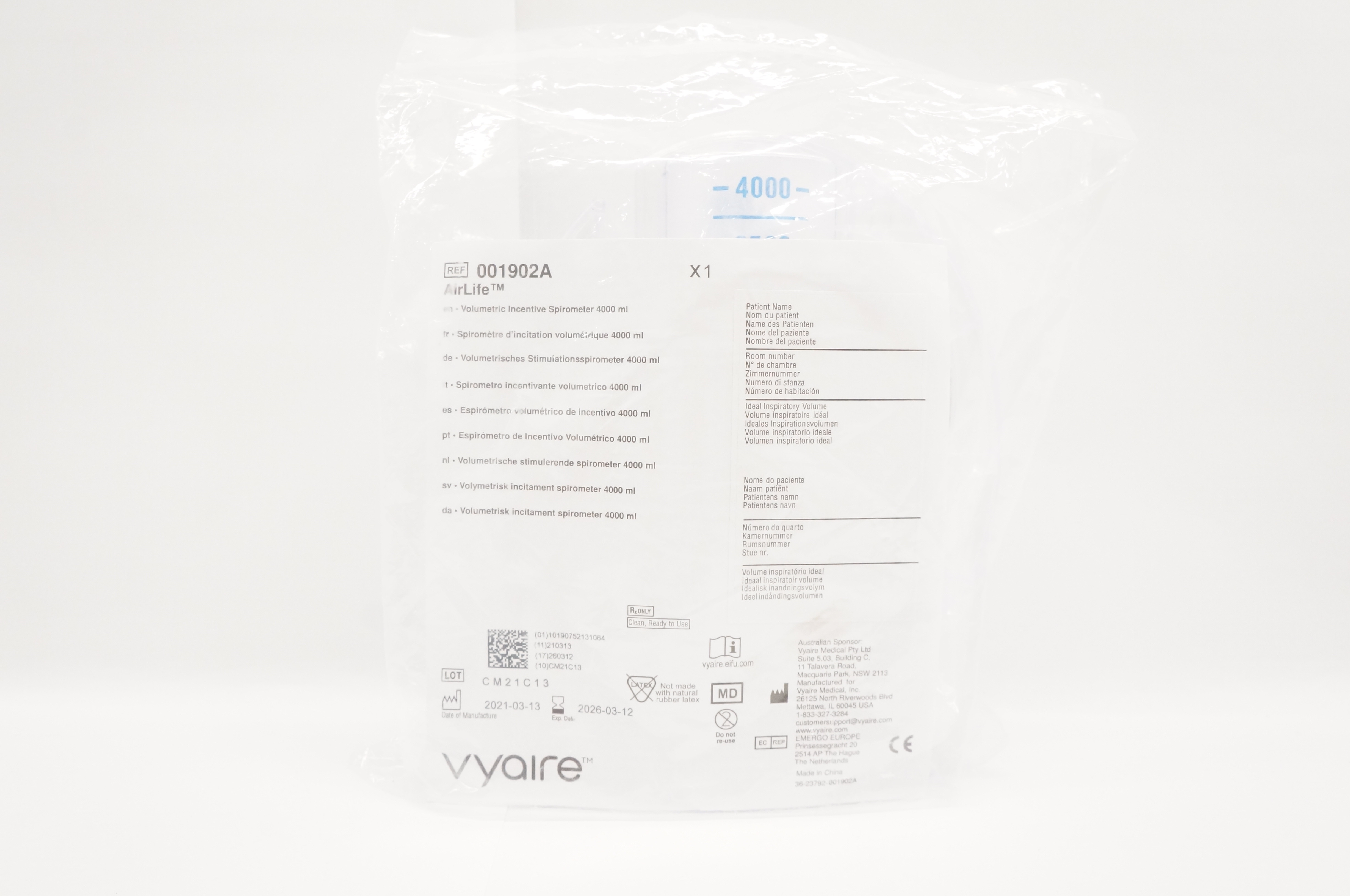 Vyaire 001902A  AirLife Volumetric Incentive Spirometer 4000 ml