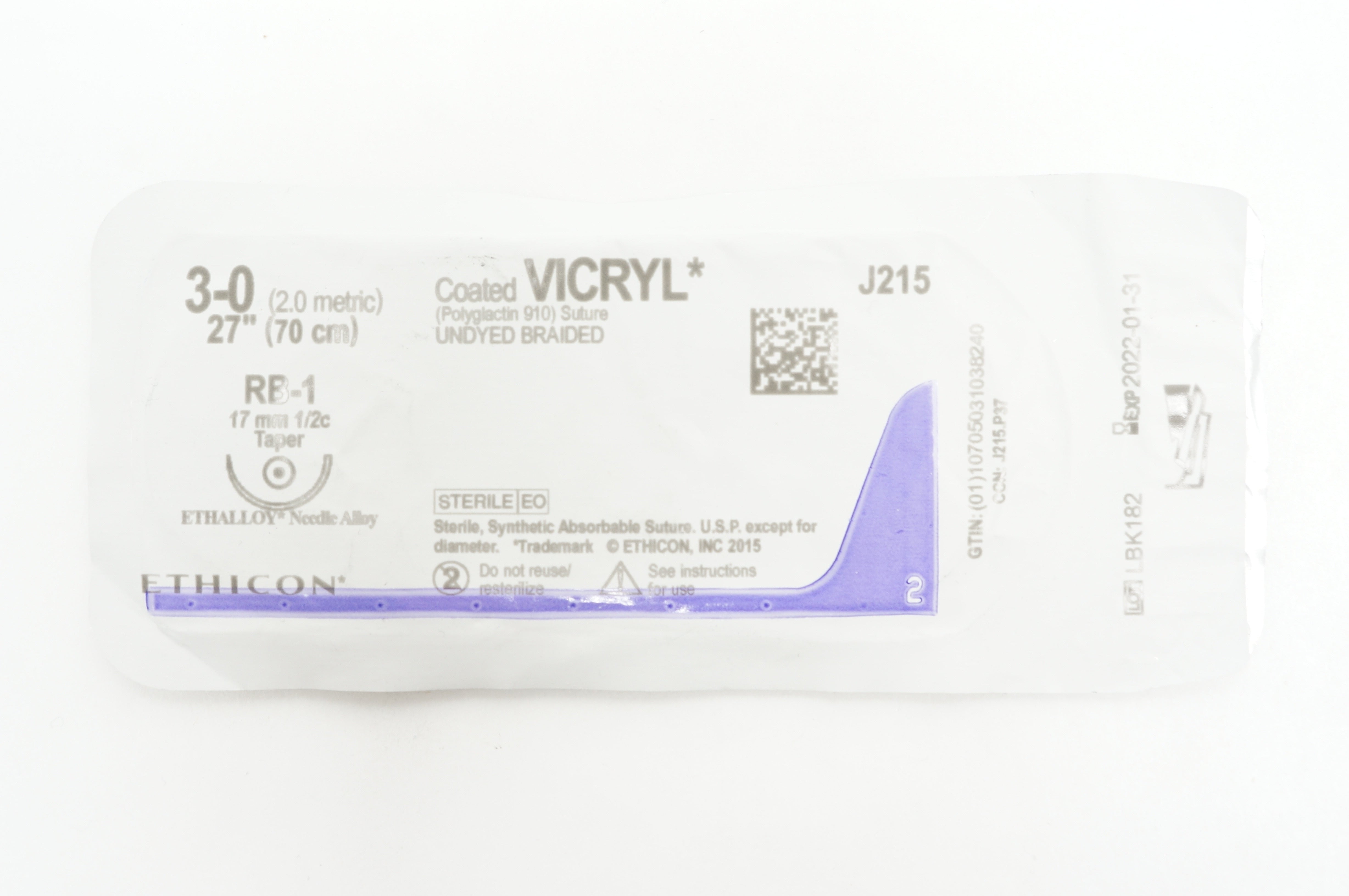 Ethicon J215 3-0 VICRYL (Polyglactin 910) Stre RB-1 17mm 1/2c Taper, 27inch (x)