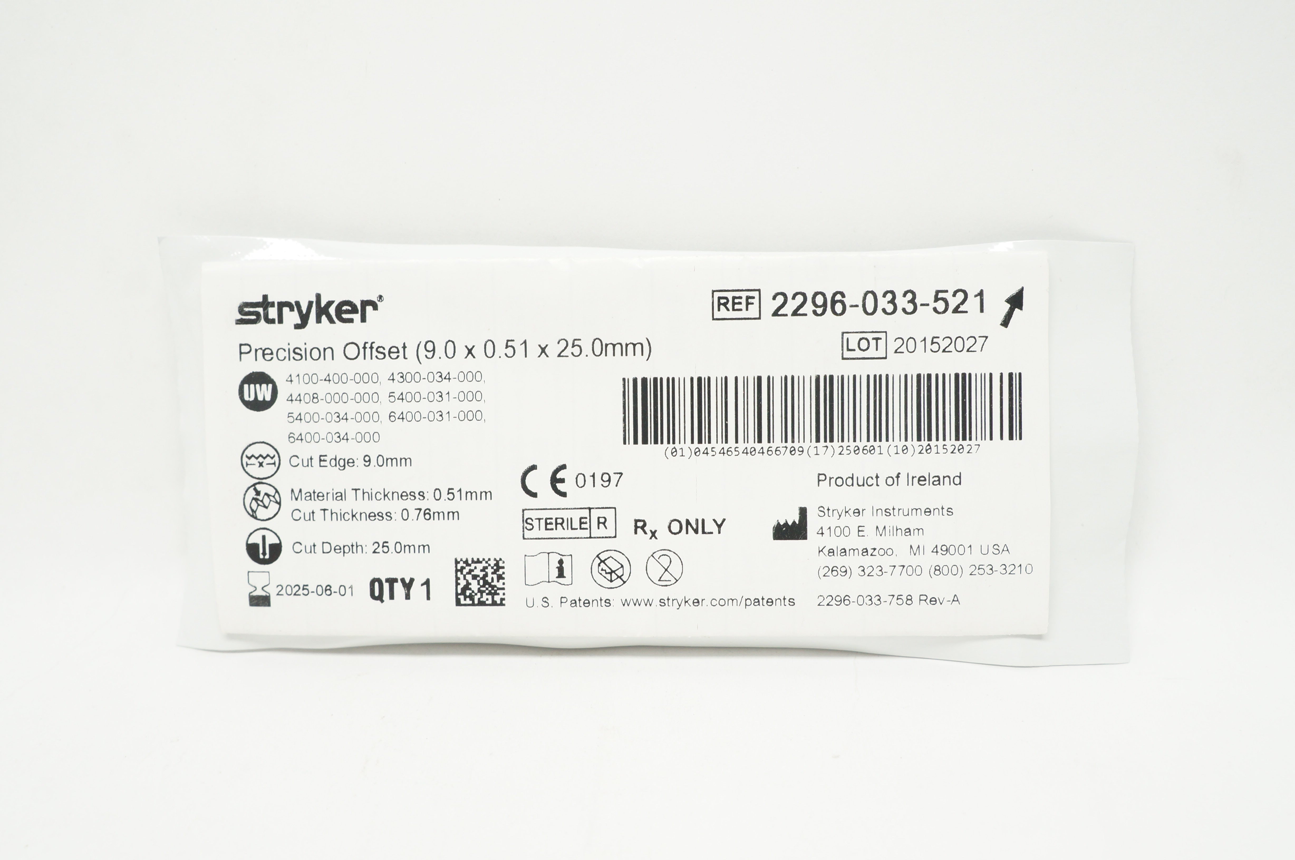 Stryker 2296-033-521 Precision Offset 9.0 x 0.51 x 25.0mm