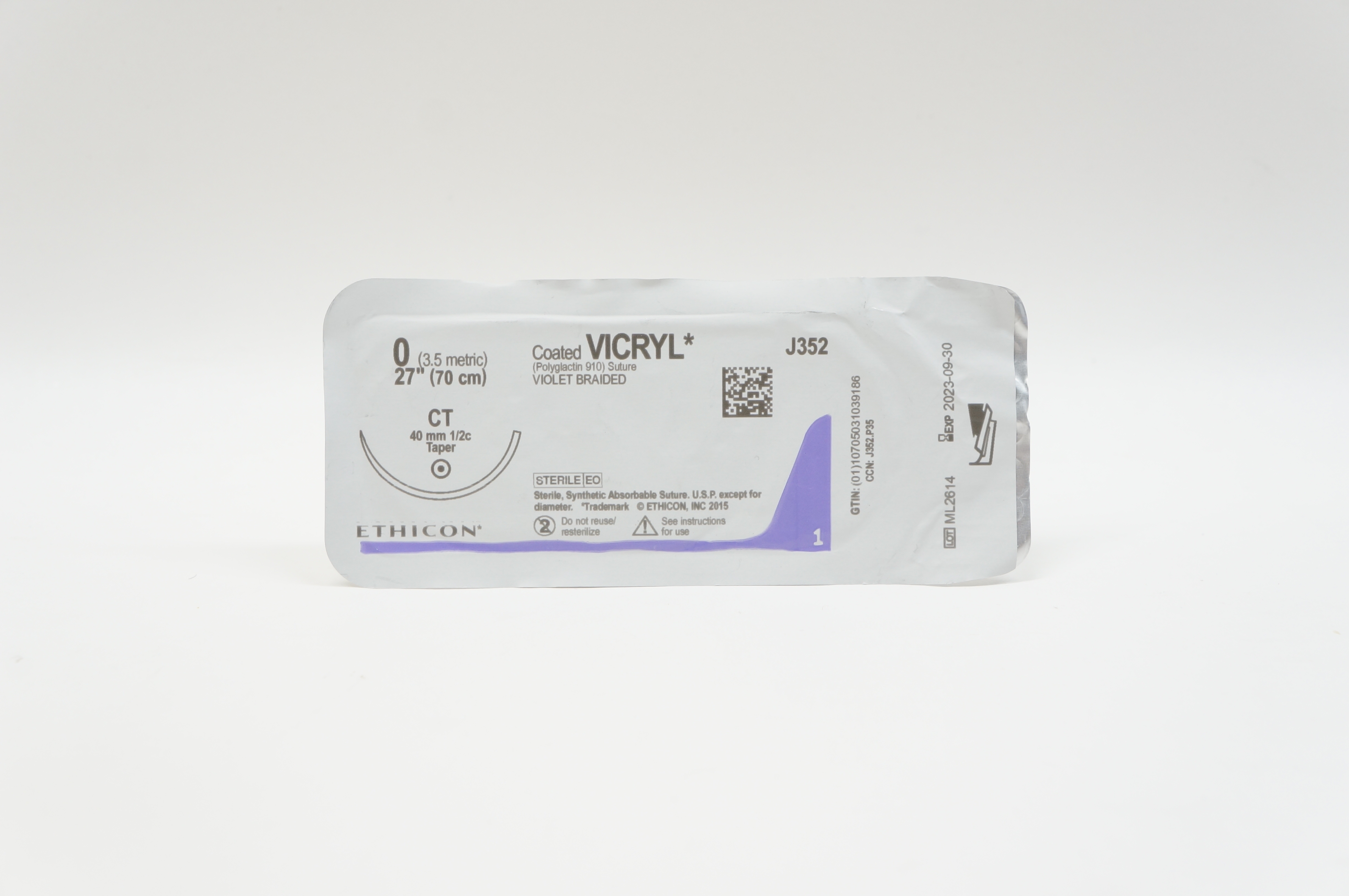 Ethicon J352 0 VICRYL, CT, 40mm 1/2c Taper, 27inch