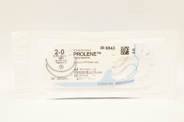 Ethicon 8843 2-0 Prolene Polypropylene MH 36mm 1/2c Taper, 36 inch (x)