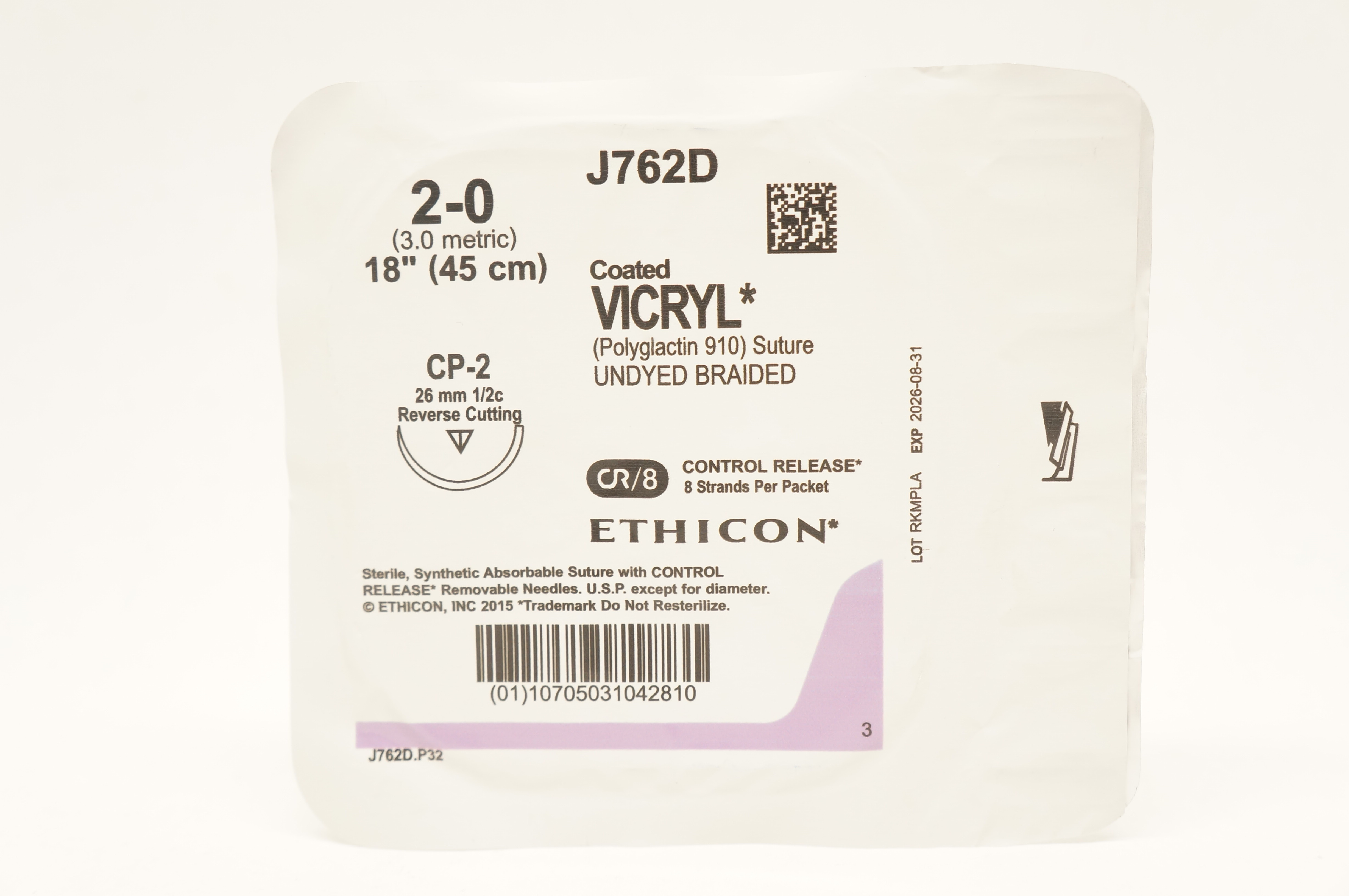 Ethicon J762D 2-0 Coated VICRYL Stre CP-2 26mm 1/2c Reverse Cutting 18inch