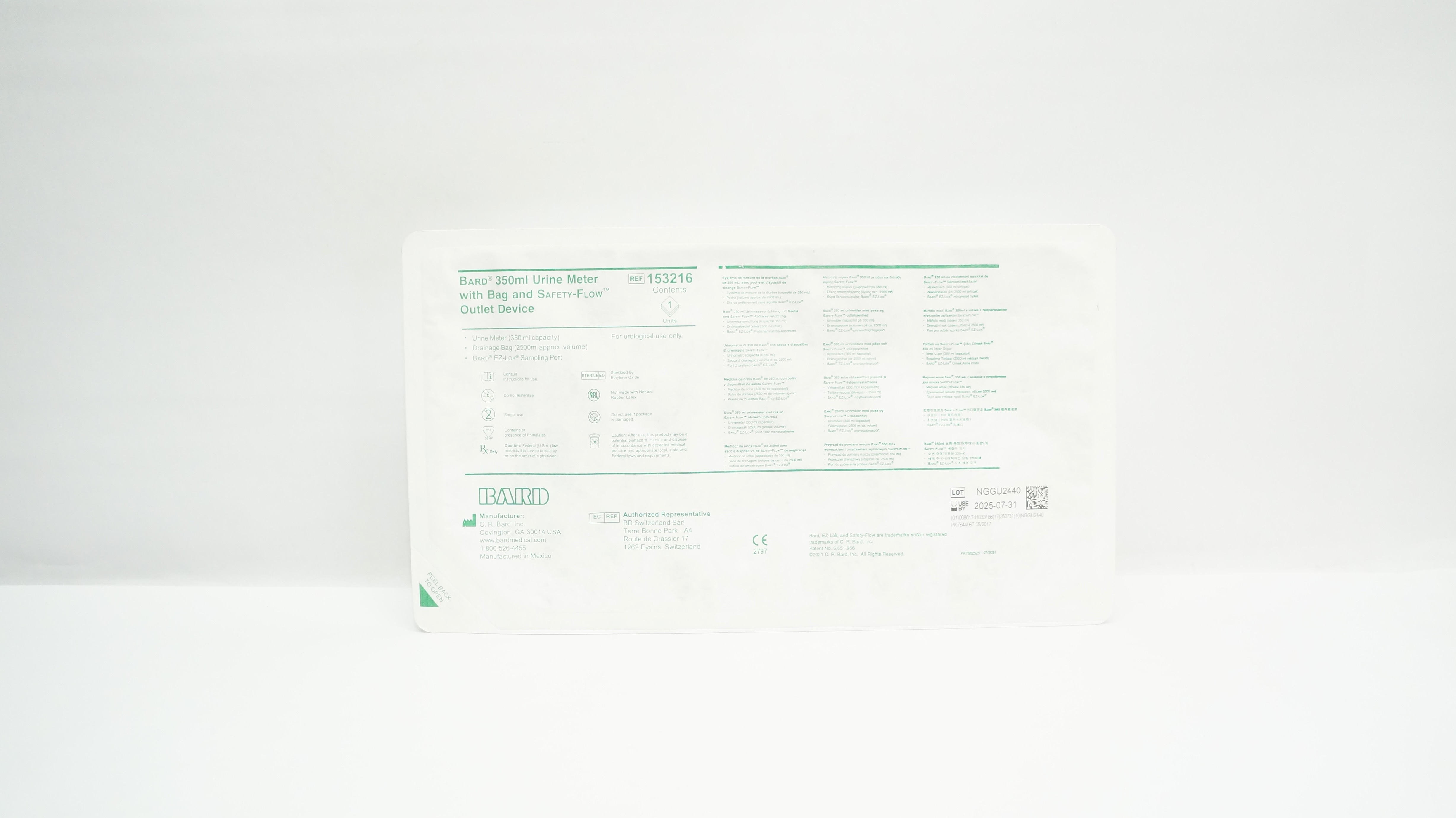 Bard 153216 Urine Meter With Bag And Safety-Flow Outlet Device 350 ml