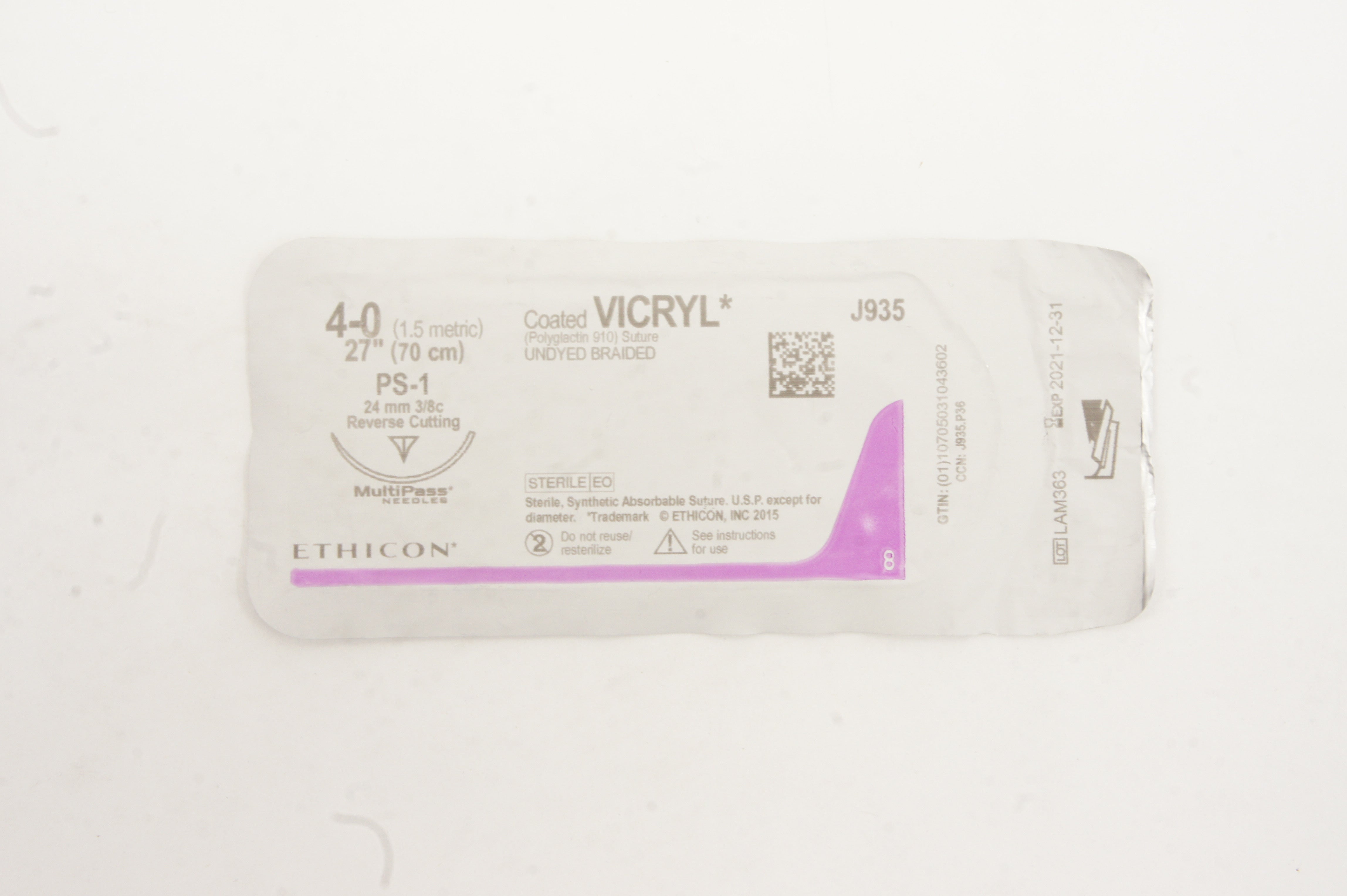 Ethicon J935 4-0 VICRYL PS-1 24mm 3/8c Reverse Cutting, 27inch