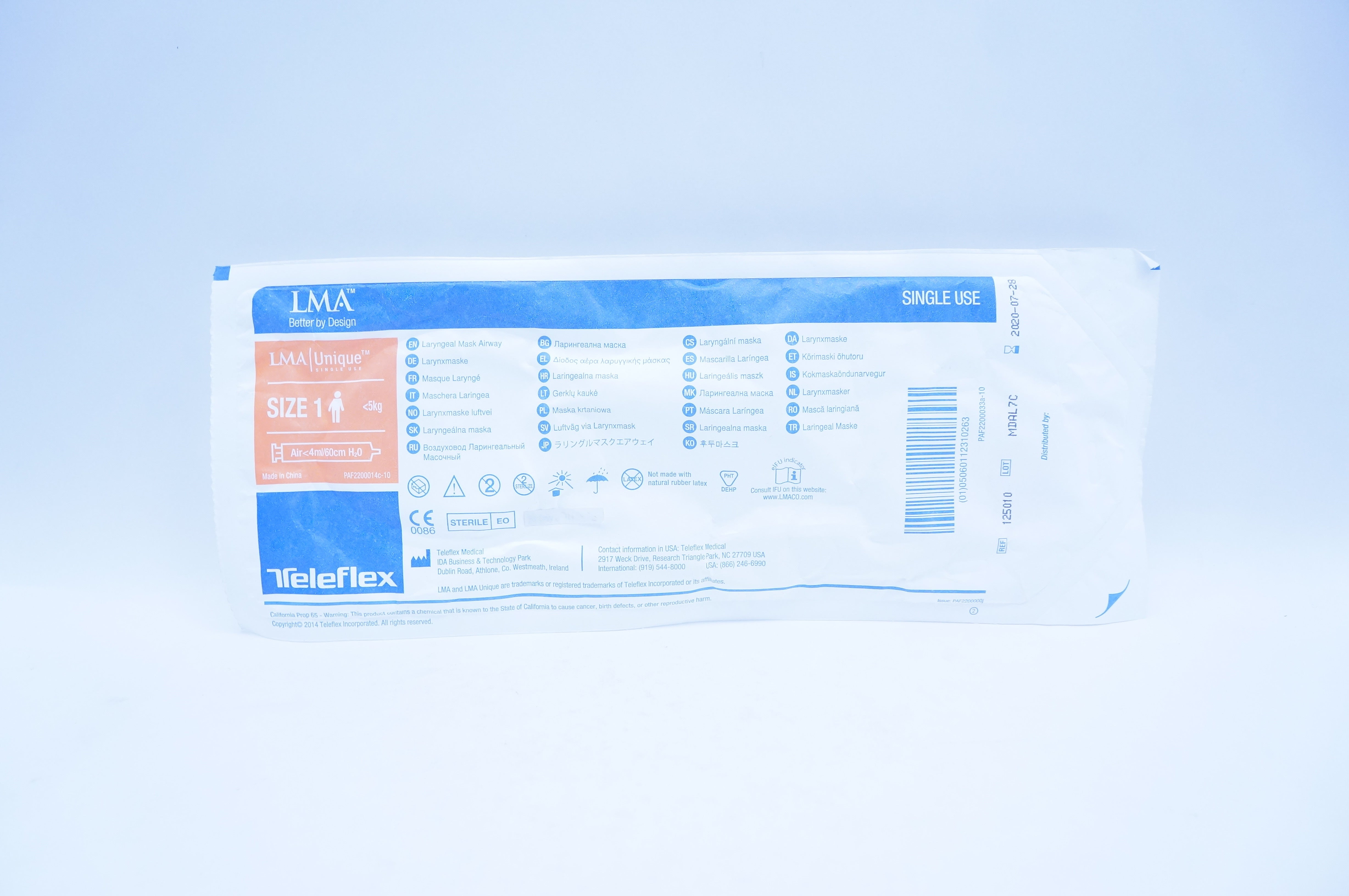 Teleflex 125010 LMA Laryngeal Mask Airway, Air < 4mL/60cm H₂O, Size 1 < 5kg (x)