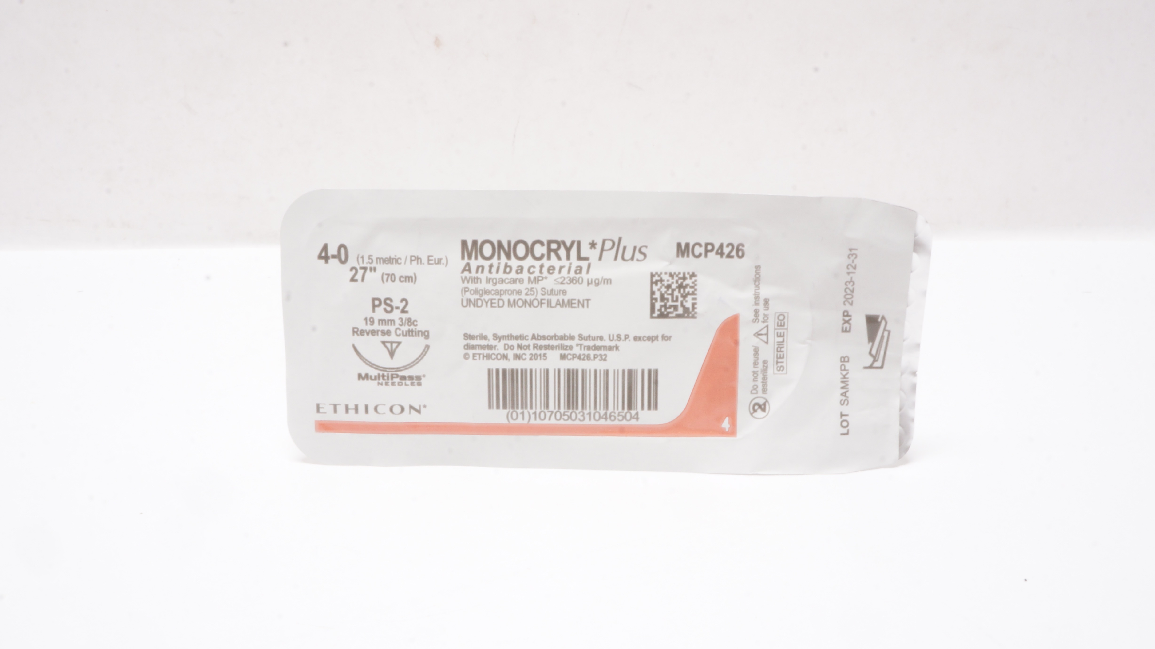 Ethicon MCP426 4-0 MONOCRYL Plus Stre PS-2 19mm 3/8c Reverse Cutting, 27inch