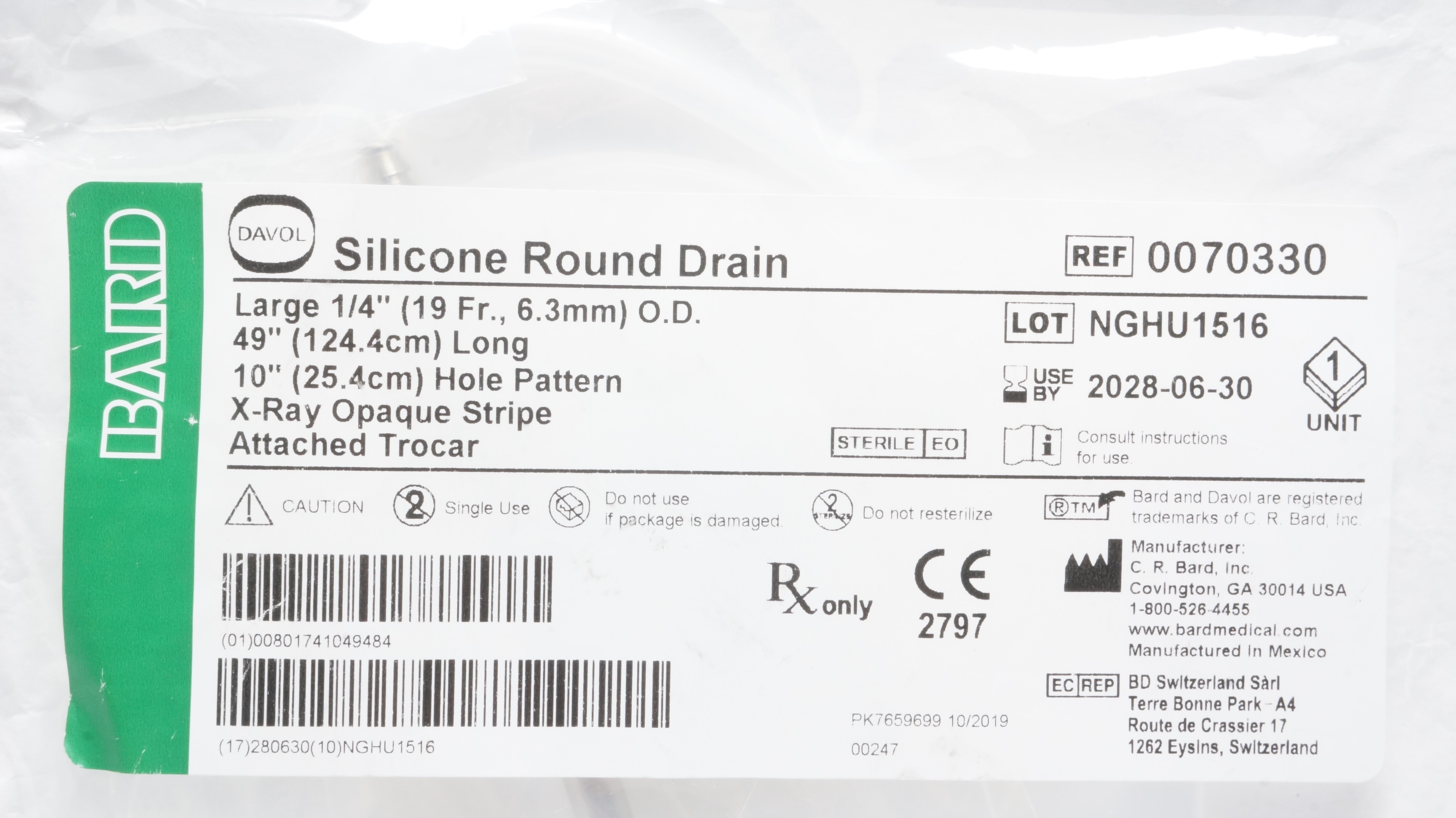 Bard 0070330 Silicone Round Drain Large 1/4inch O.D x 49inch x 10inch