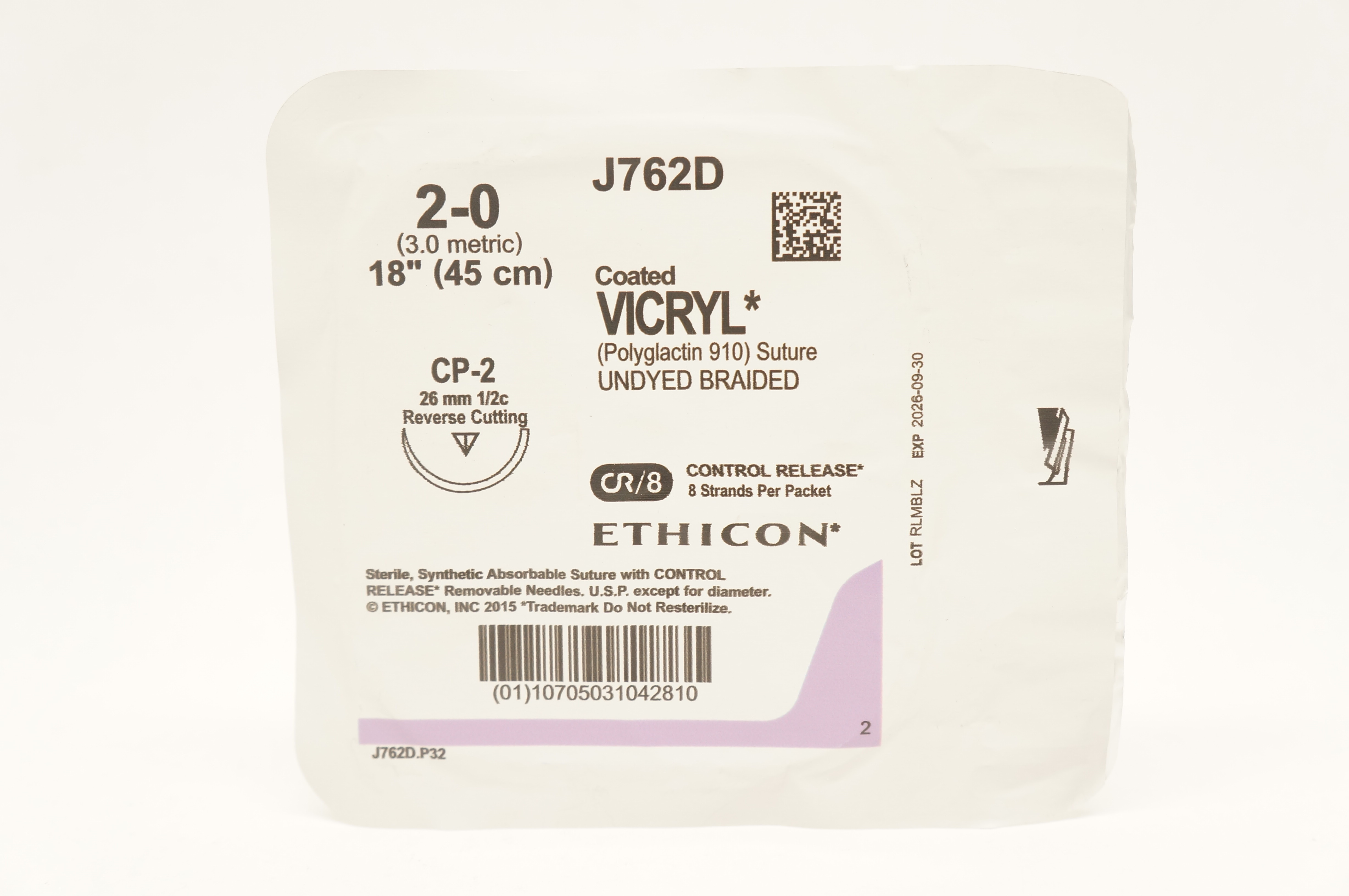 Ethicon J762D 2-0 Coated VICRYL Stre CP-2 26mm 1/2c Reverse Cutting, 18inch