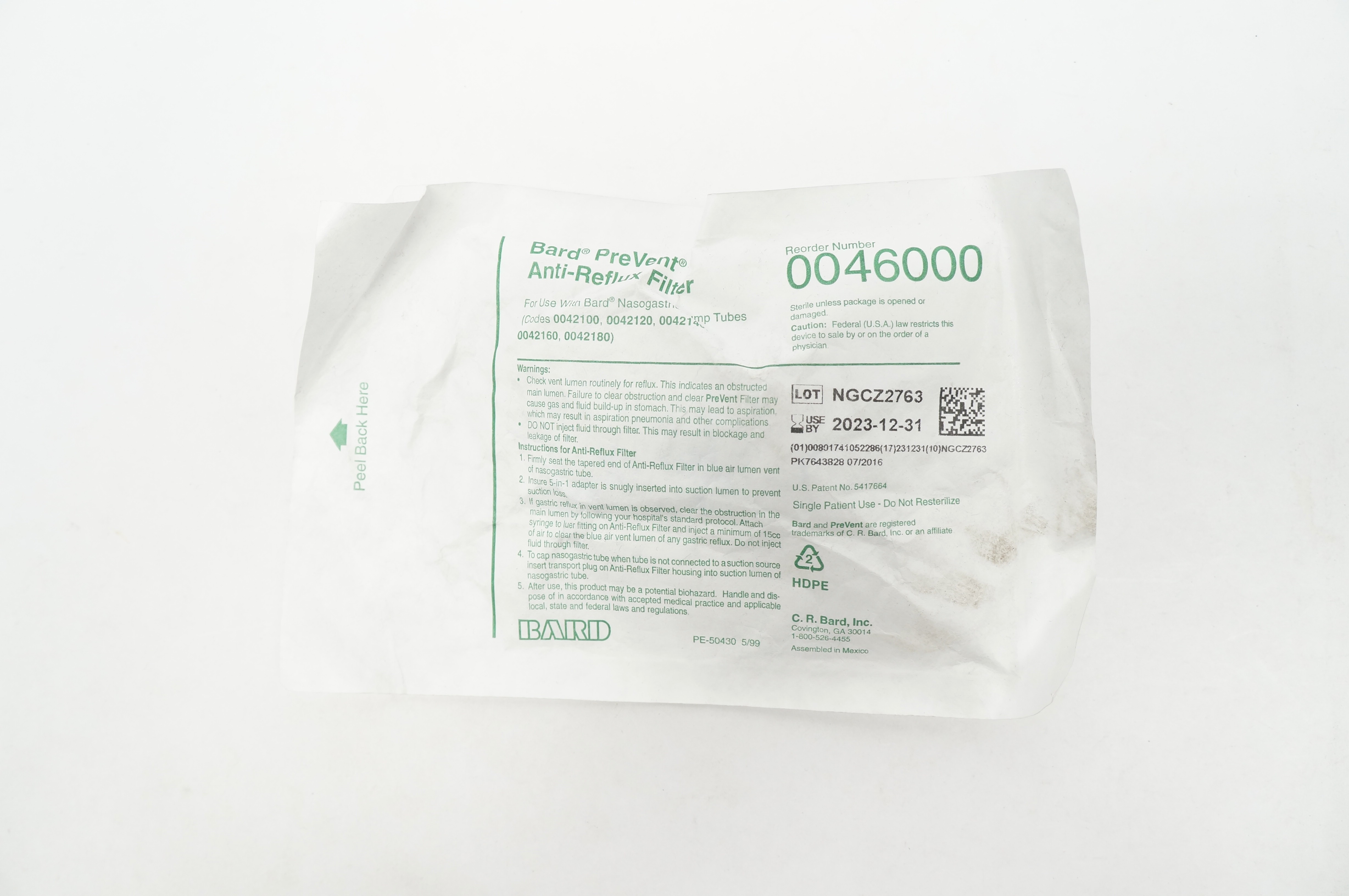 Bard 0046000 PreVent Anti-Reflux Filter