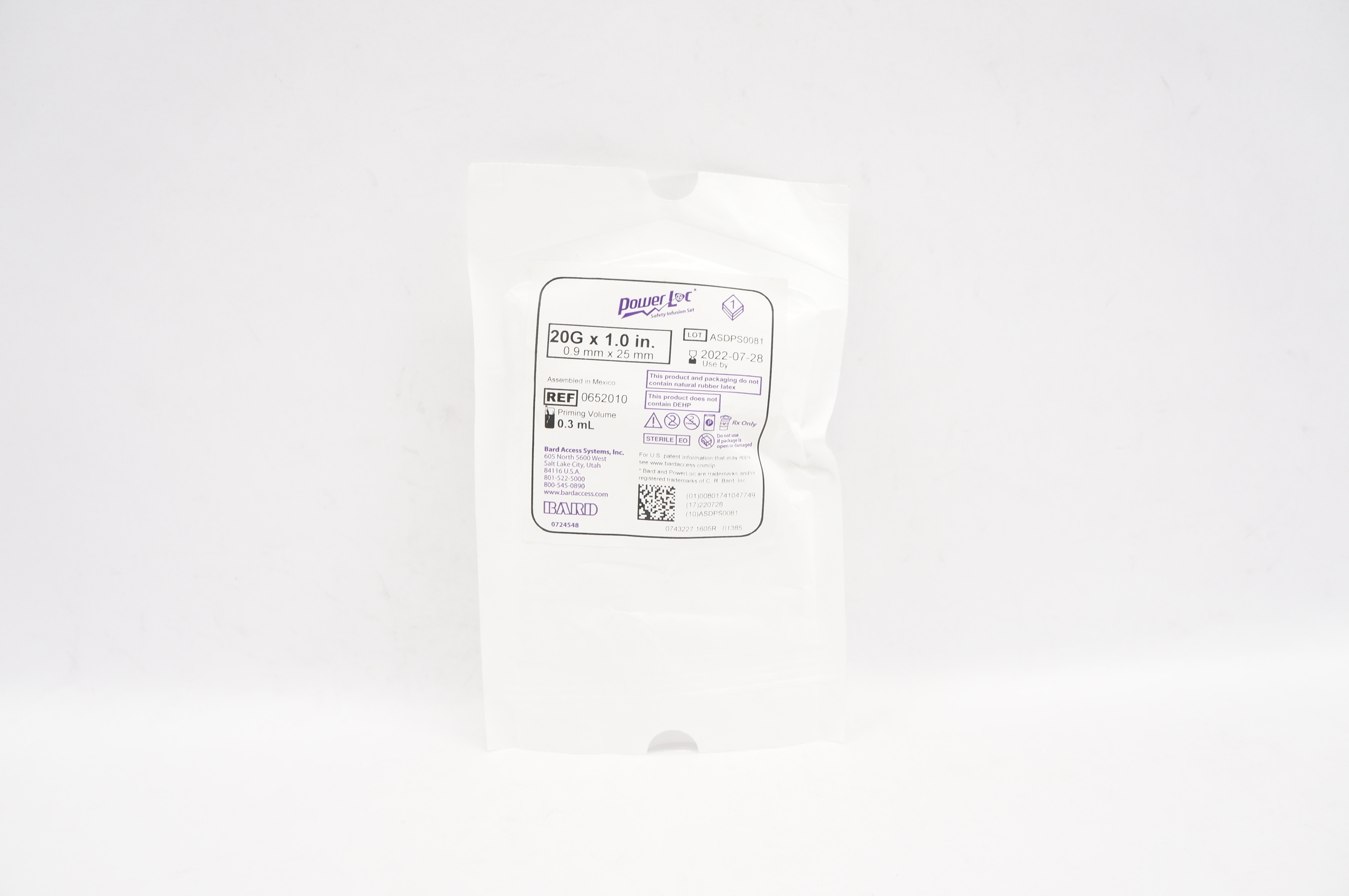 Bard 0652010 Power Loc Safety Infusion Set 20G x 1.0 inch, Priming Volume 0.3mL