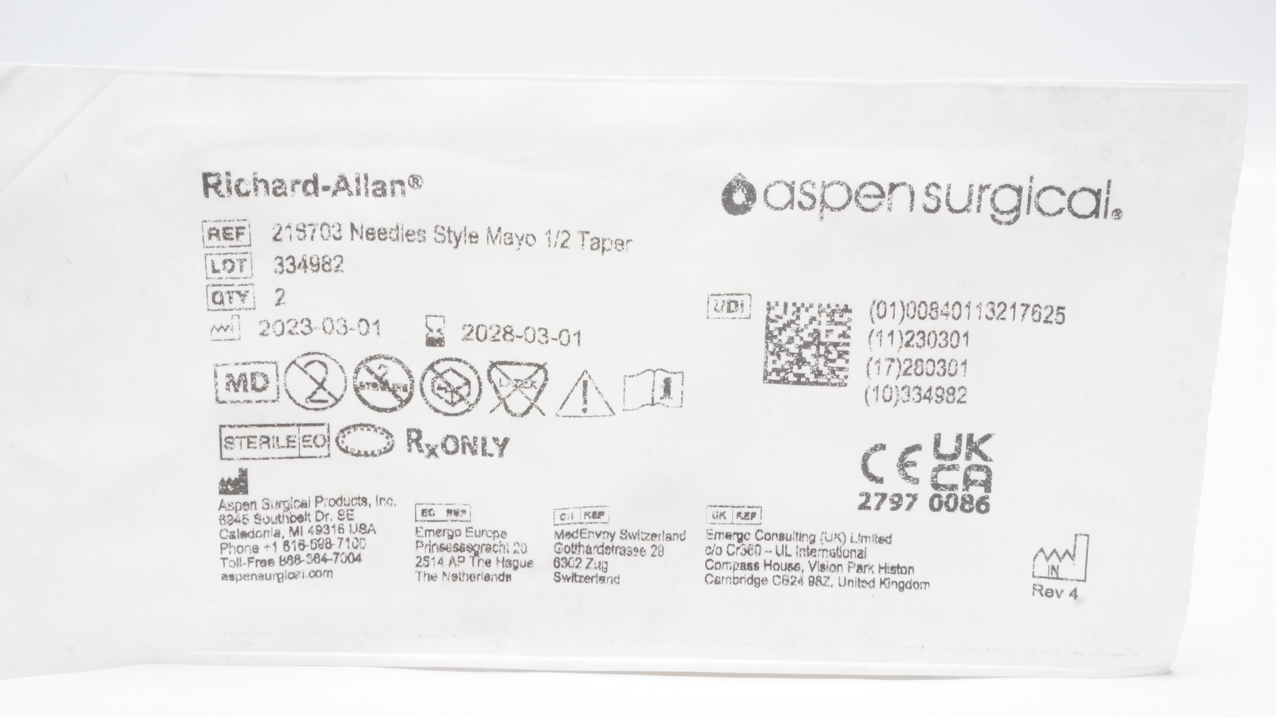Aspen Surgical 21S703 Richard-Allan Ndles Style Mayo 1/2 Taper - Pack of 2