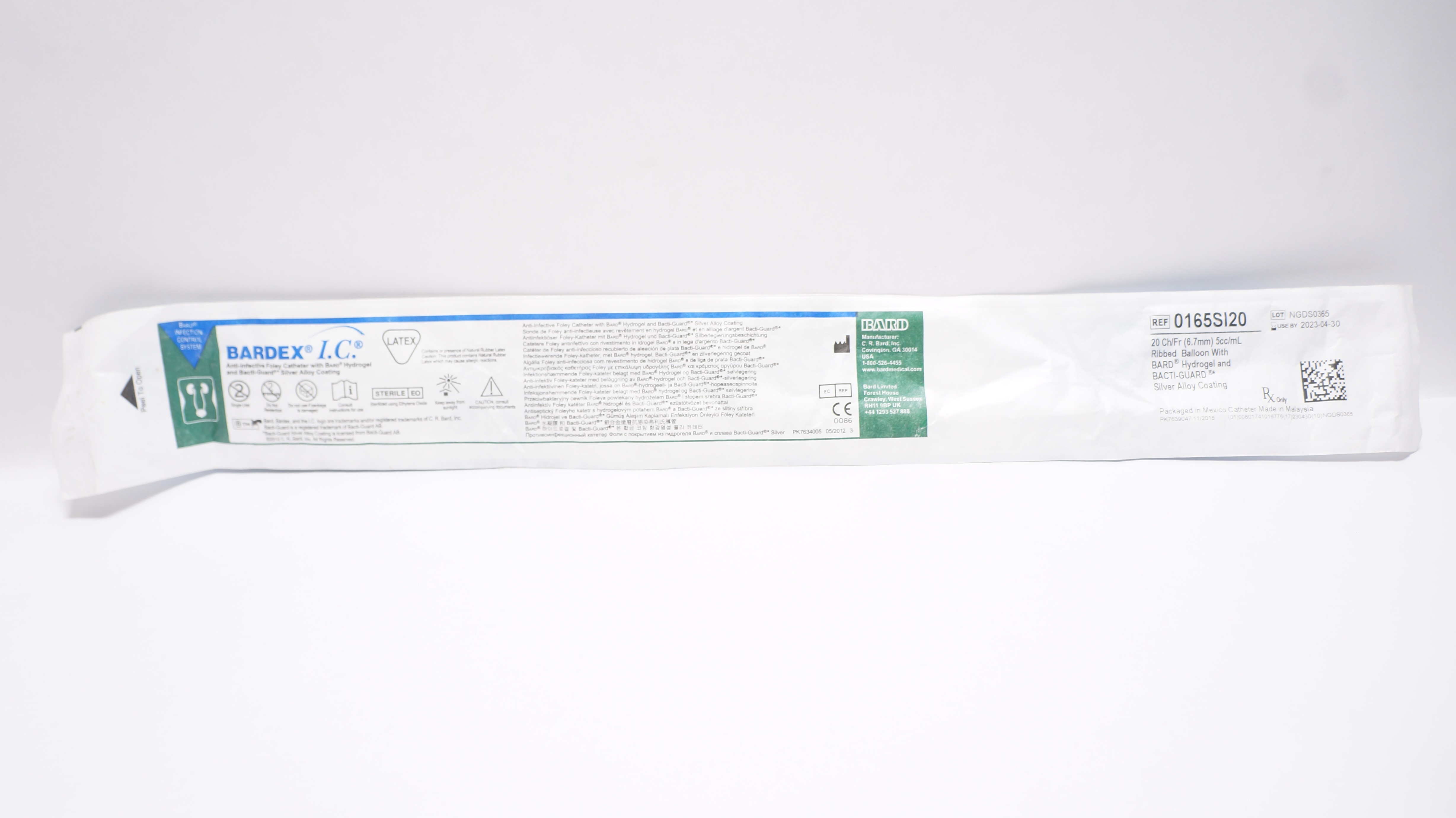 Bard 0165SI20 Bardex IC Aniti-Infective FoleyCath. 20Ch/Fr 5cc/mL Ribbed Balloon