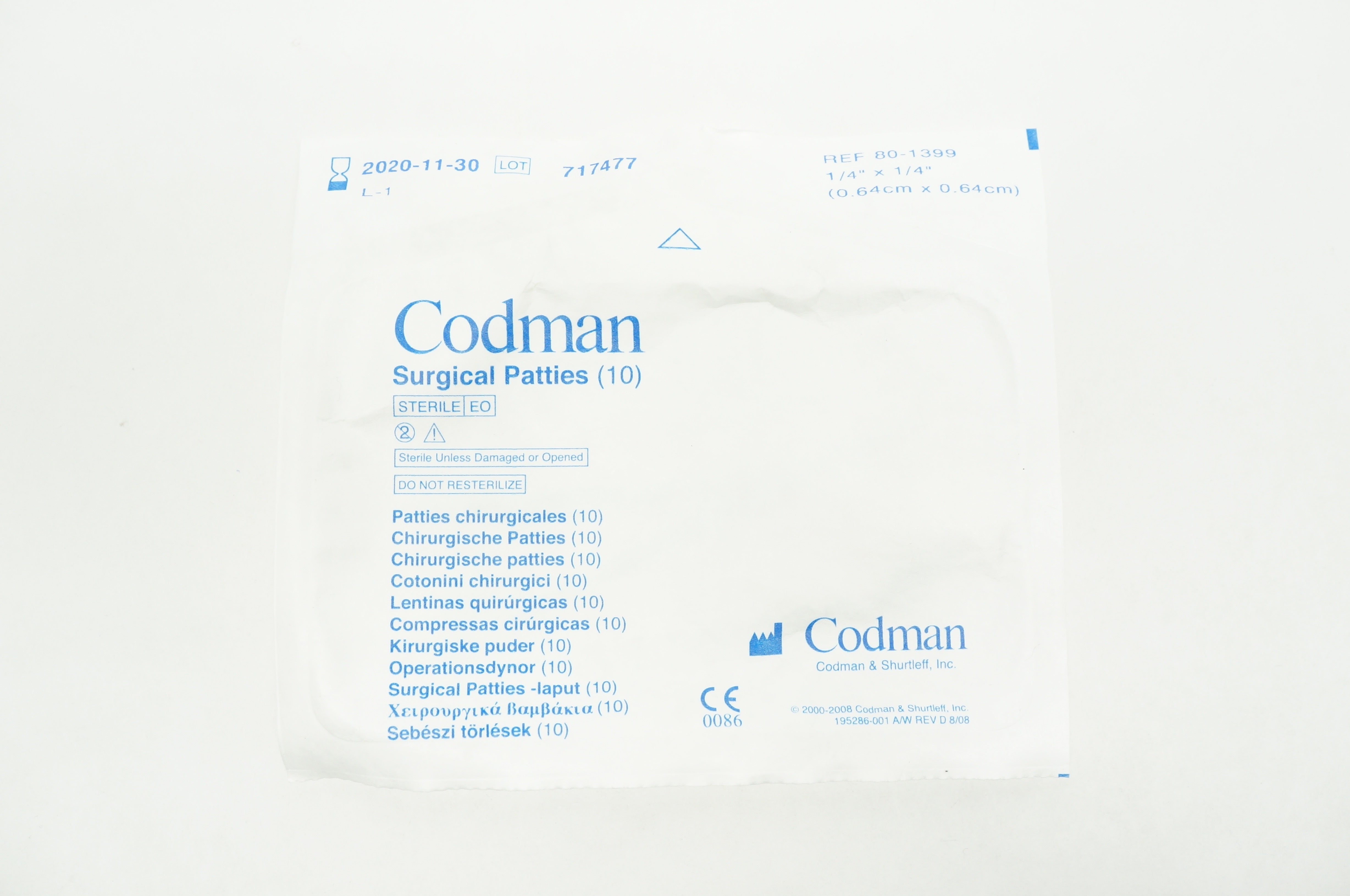 Codman 80-1399 Surgical Patties 1/4inch x 1/4inch (x) - Pack of 10