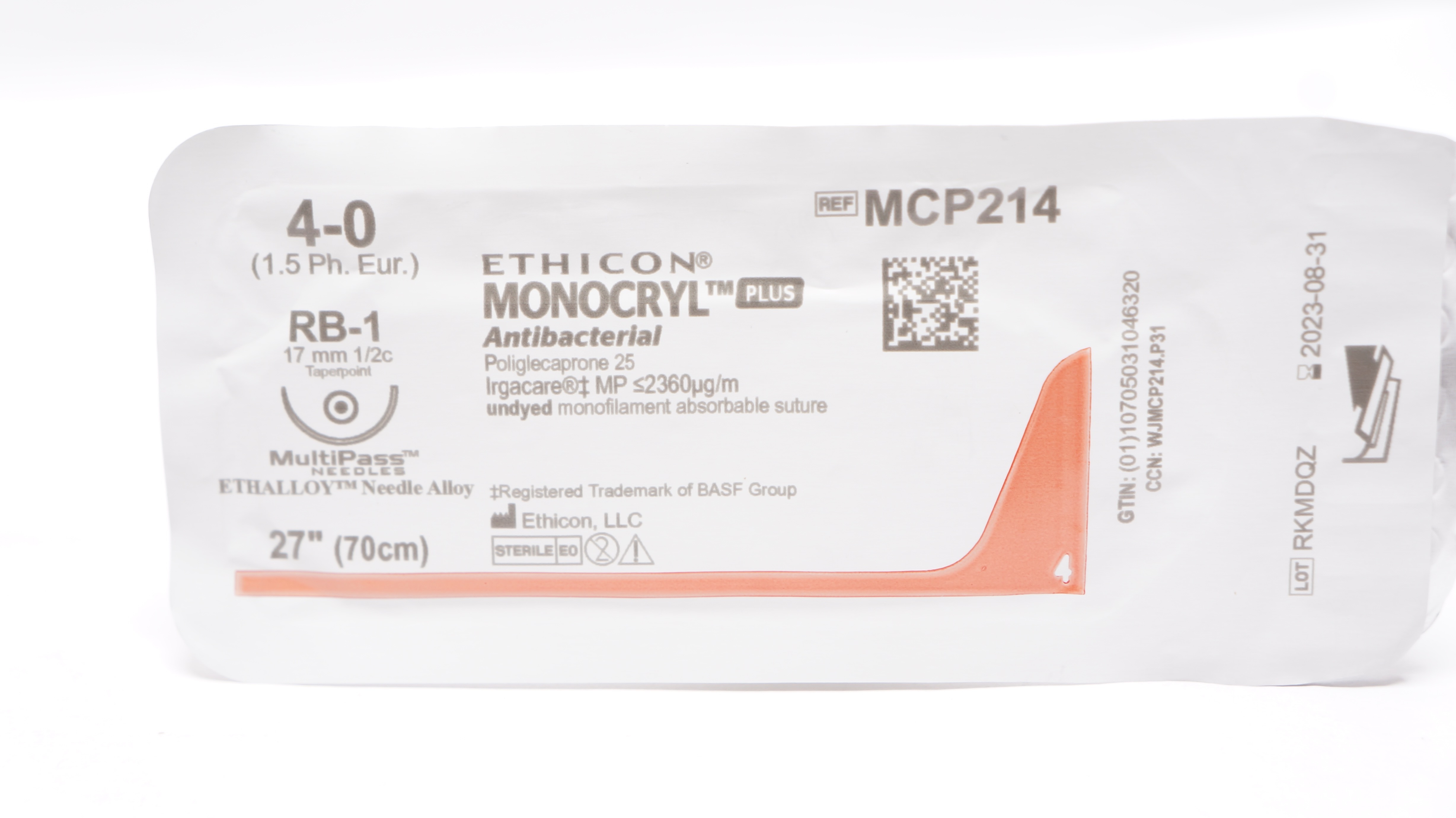 Ethicon MCP214 4-0 Monocryl Plus Stre RB-1 17mm 1/2c Taperpoint,  27 inch (x)