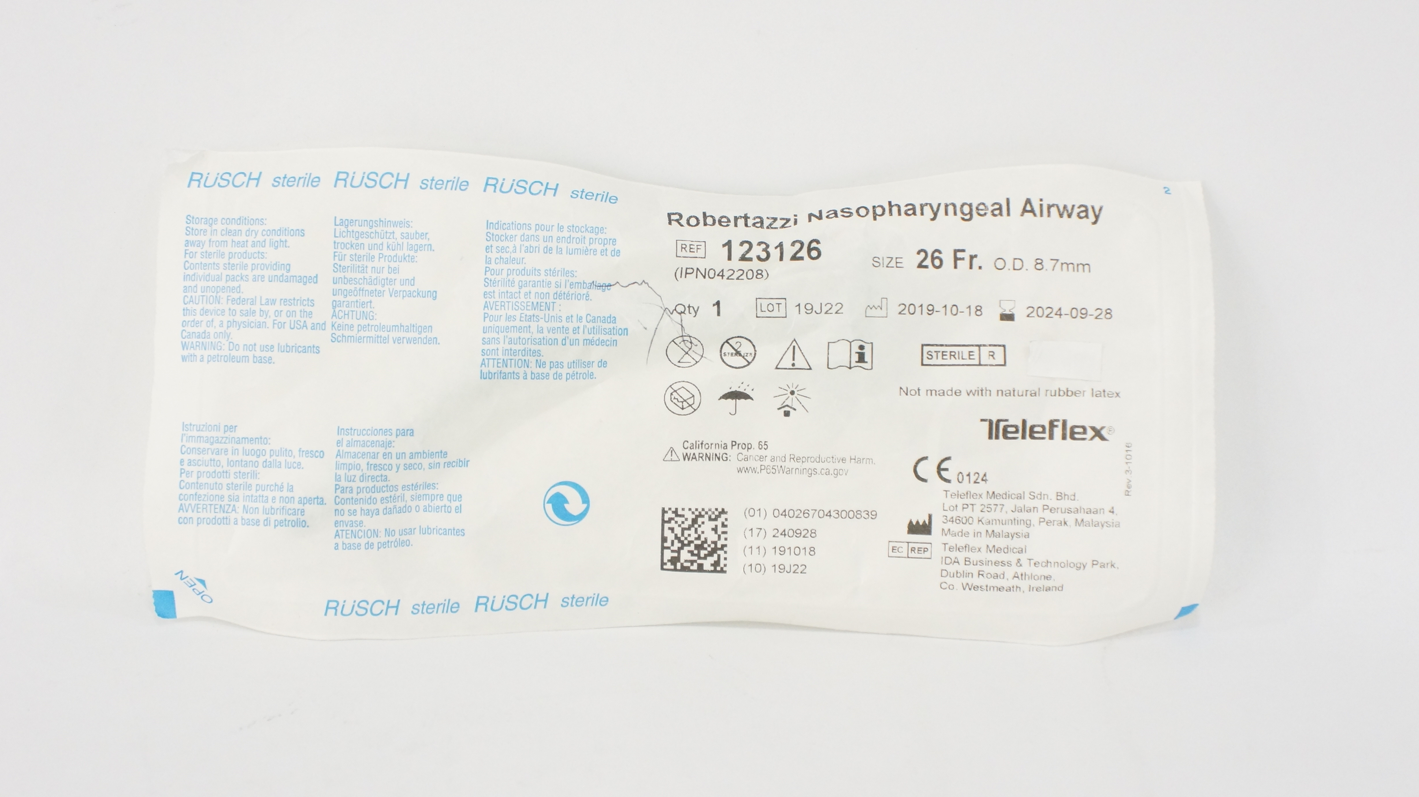 Teleflex 123126 Rusch Robertazzi Nasopharyngeal Airway 26Fr x 8.7mm O.D.