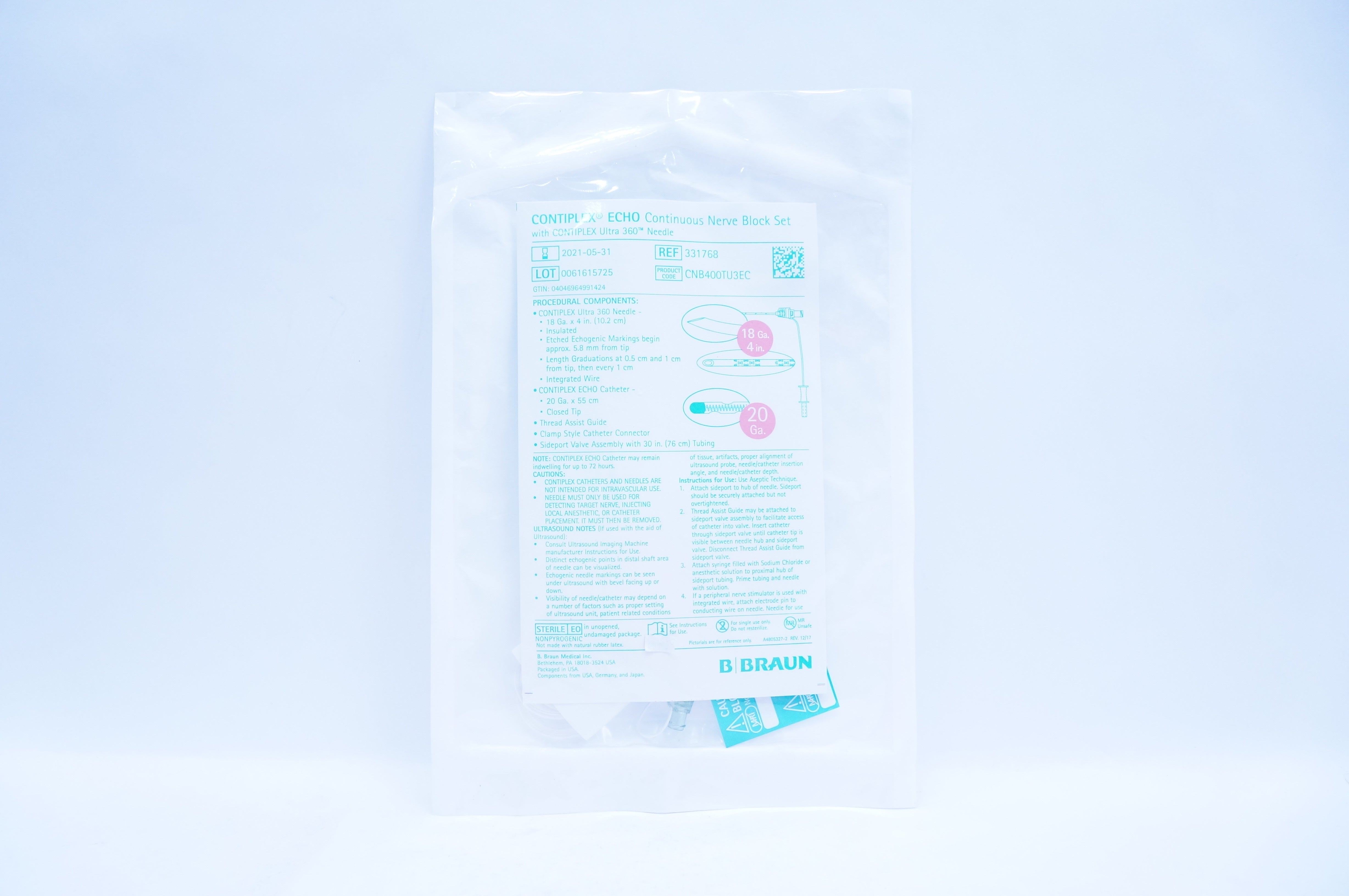 Braun 331768 Contiplex Echo Continuous Nerve Block Set 18 Ga x 4 inch x 20 Ga(x)