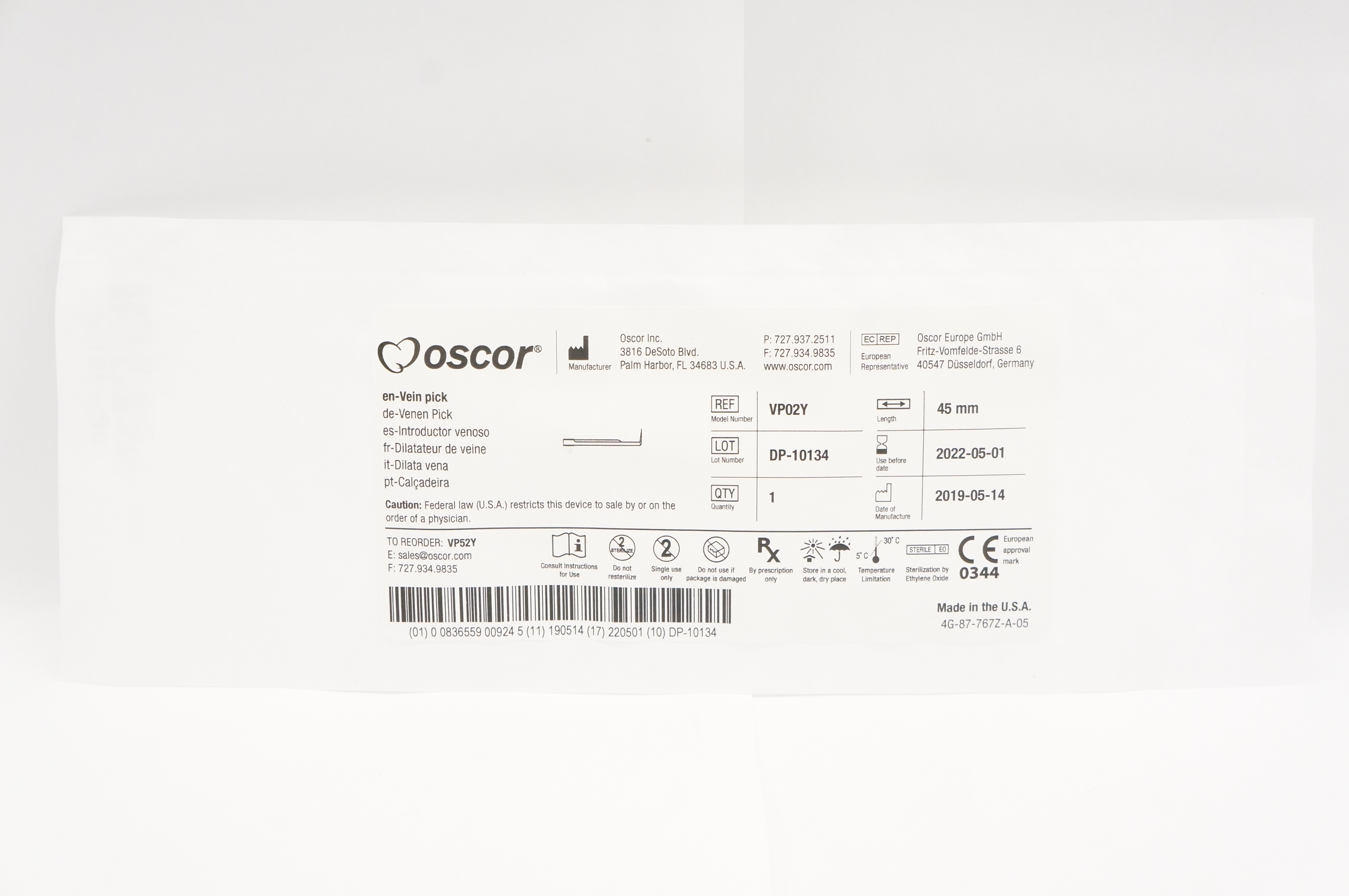 Oscor VP02Y Vein Pick 45mm