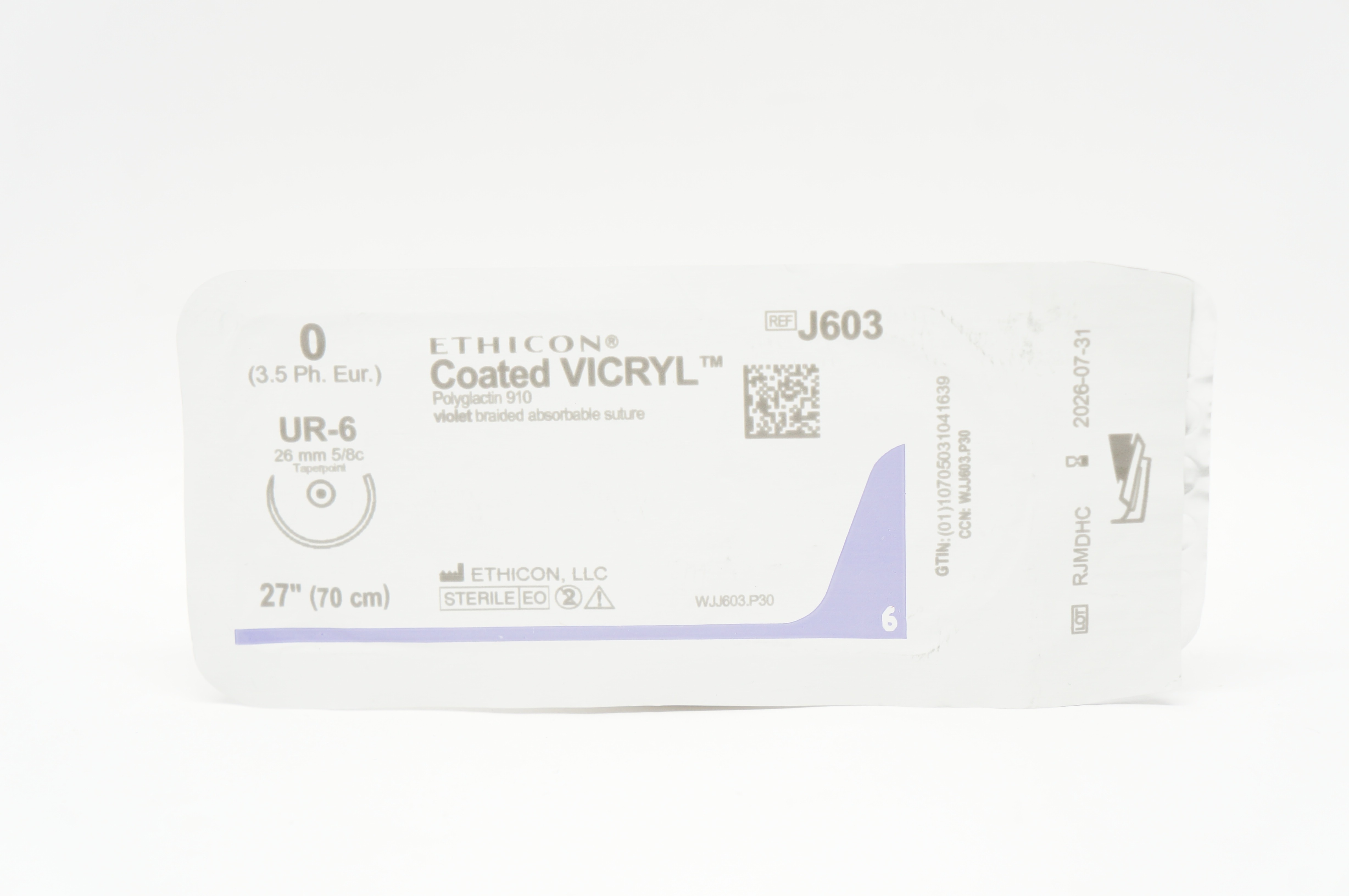 Ethicon J603 0 Coated VICRYL Polyglactin Stre UR-6 26mm 5/8c Taperpoint, 27inch