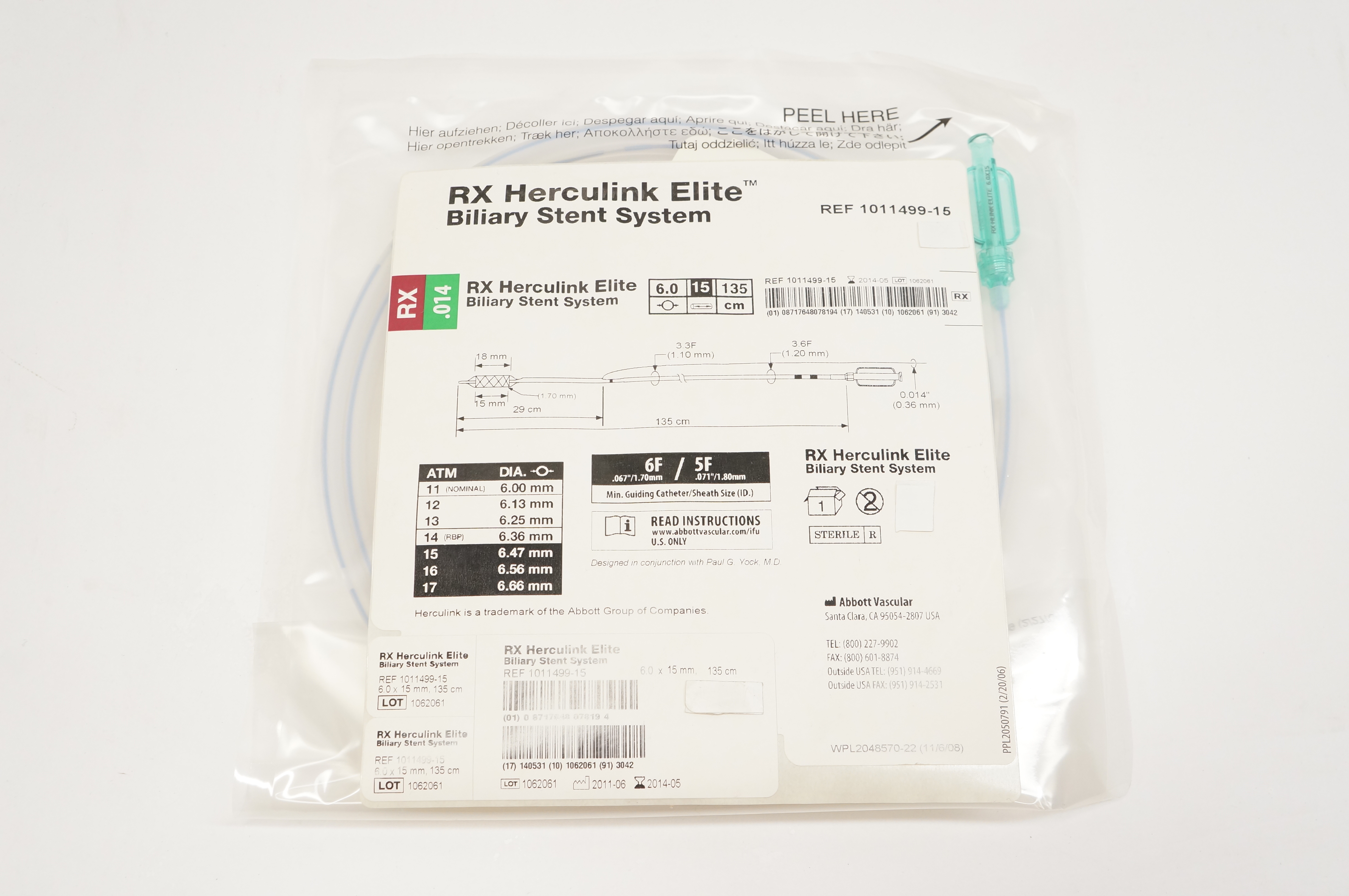 Abbott 1011499-15 RX Herculink Elite Biliary Stnt System 6 x 15mm, 135cm (x)