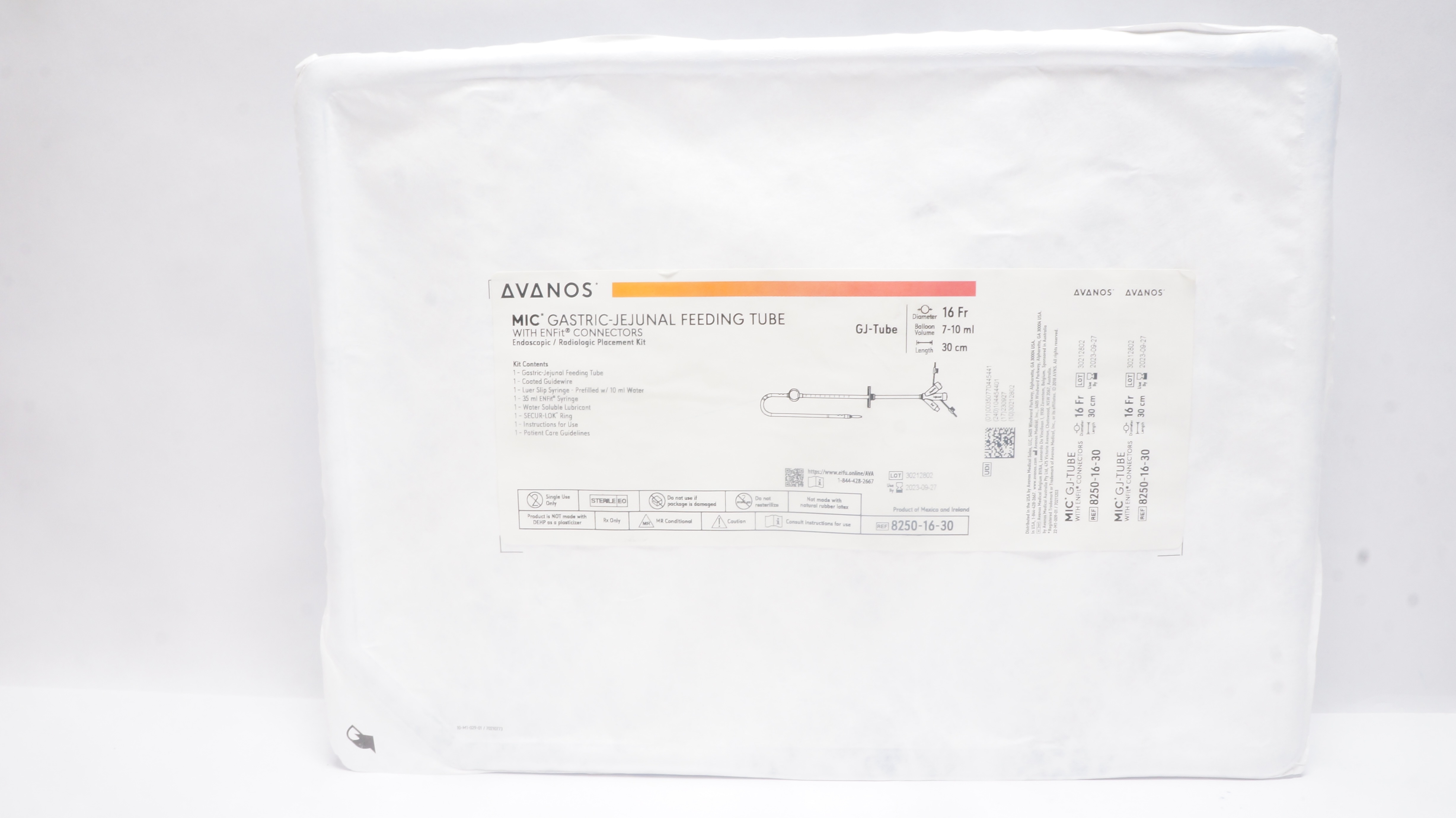 Avanos 8250-16-30 MIC Gastric-Jejunal Feeding Tube Kit 16Fr x 30cm, 7-10mL