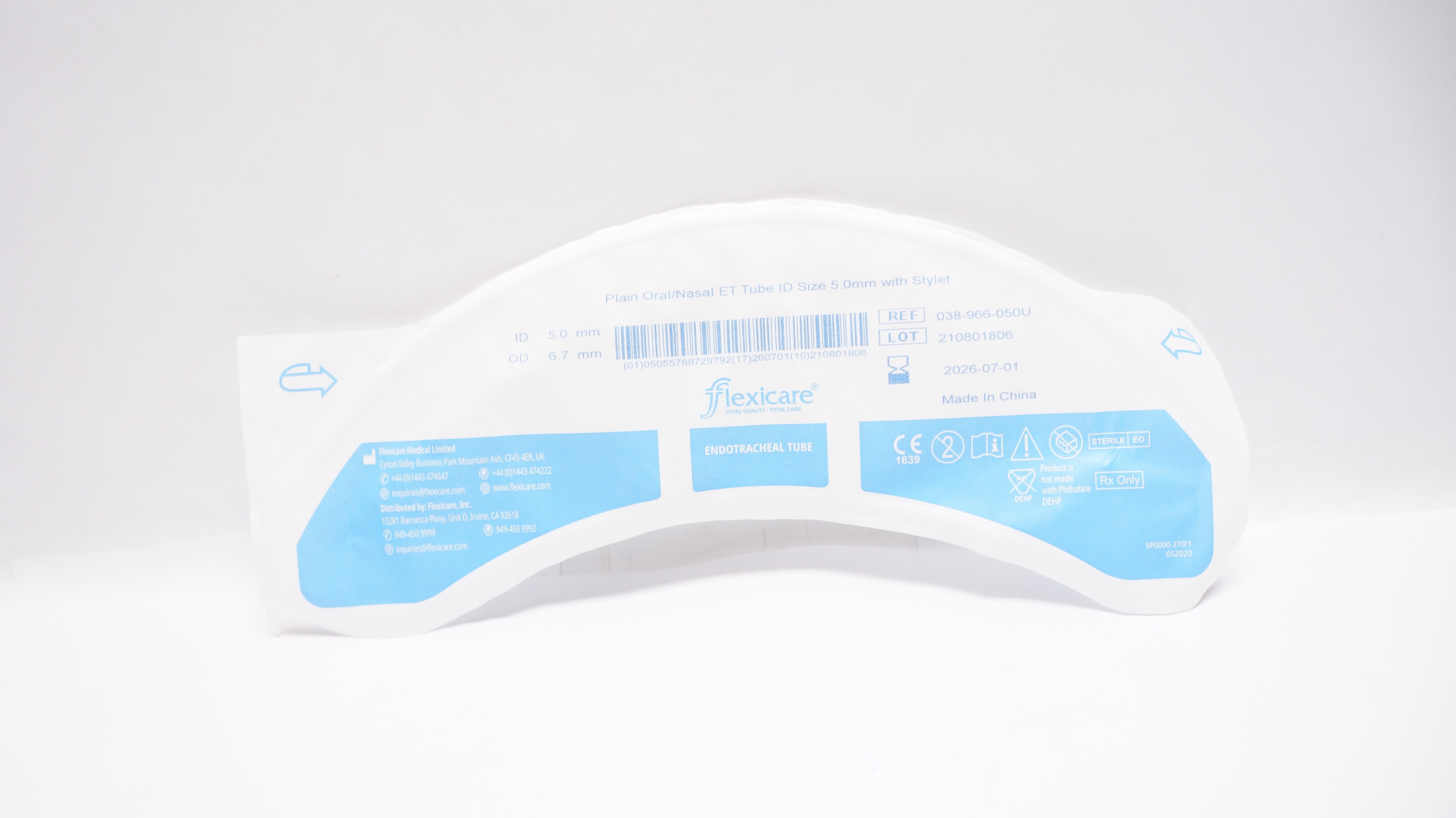 Flexicare 038-966-050U Oral/Nazal Endotracheal Tube w/Stylet 5.0mmID x 6.7mmOD