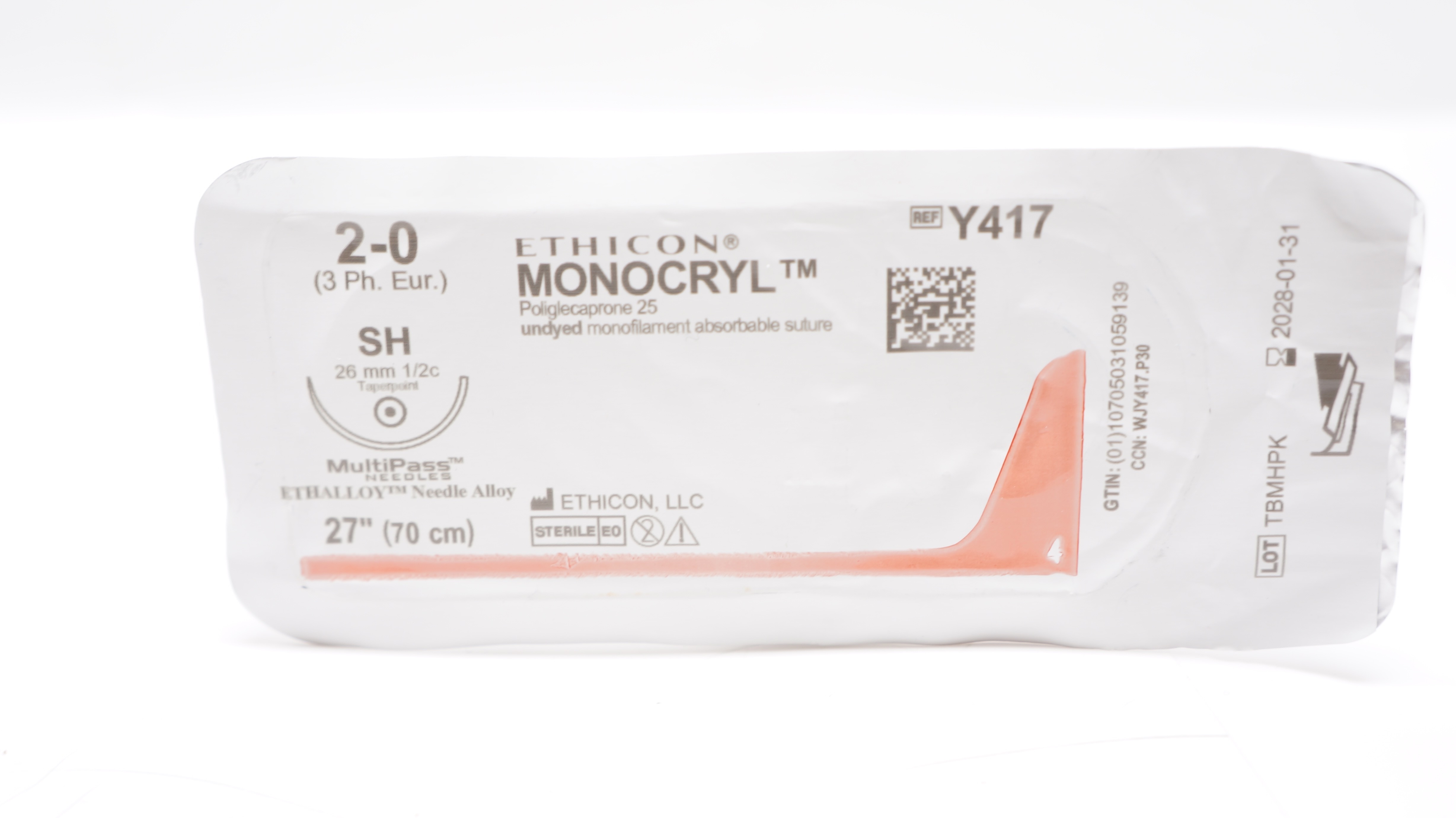 Ethicon Y417 2-0 MONOCRYL, SH, 26mm1/2c Taper, 27inch