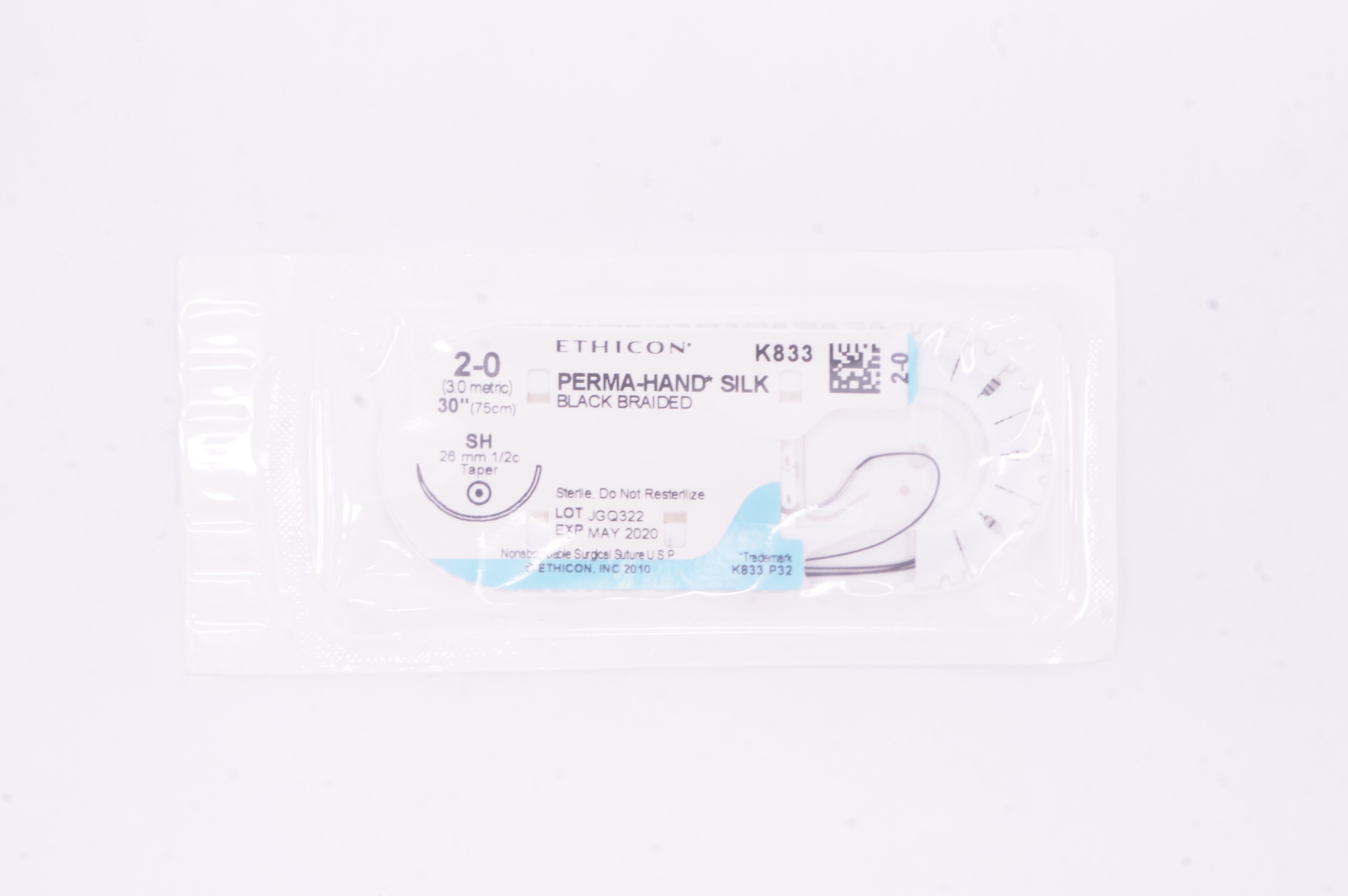 Ethicon K833 2-0 PERMA-HAND SILK Stre, SH, 26mm 1/2c Taper, 30inch (x)