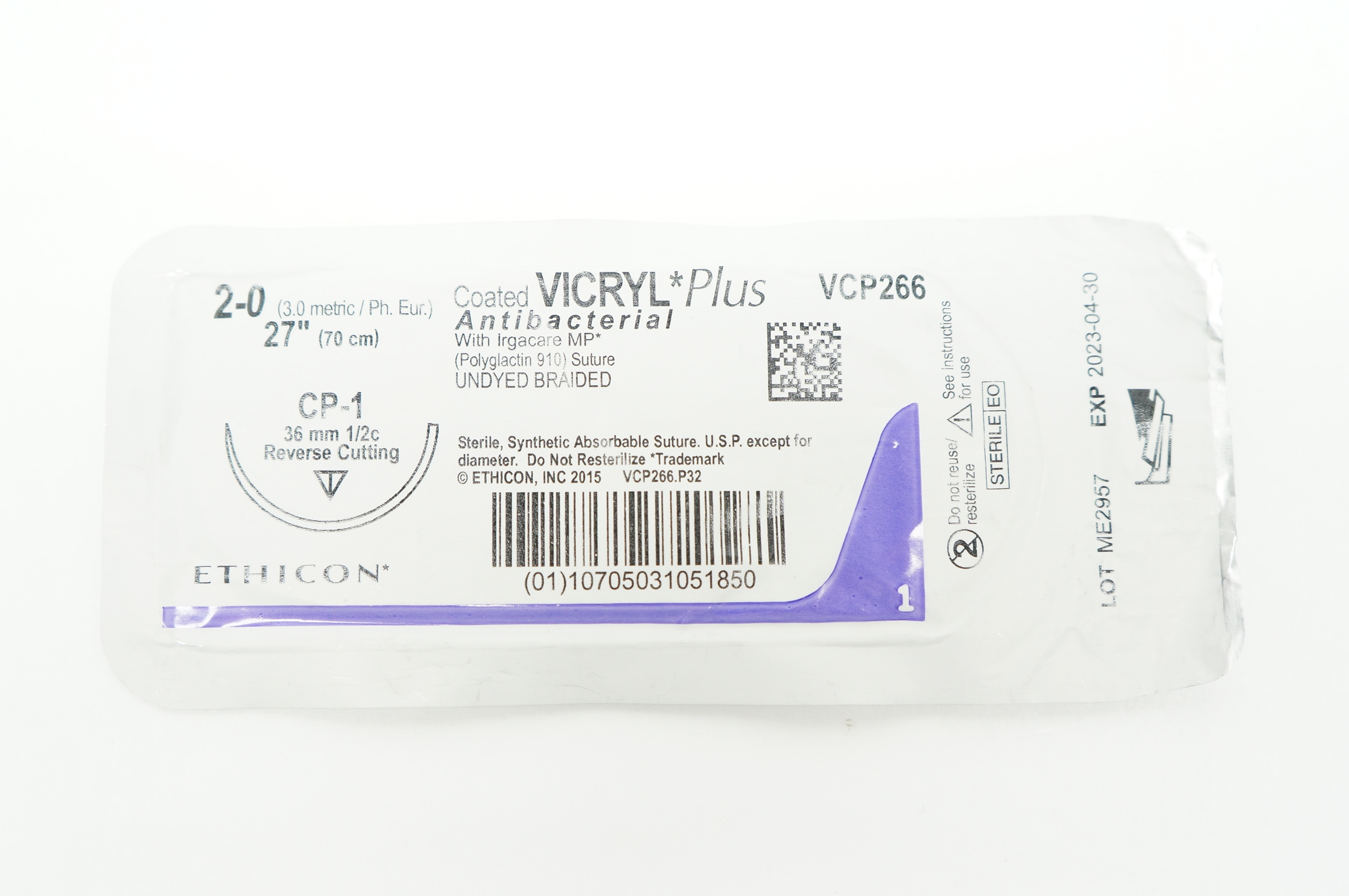 Ethicon VCP266 2-0 VICRYL Plus CP-1 36mm 1/2c Reverse Cutting 27inch
