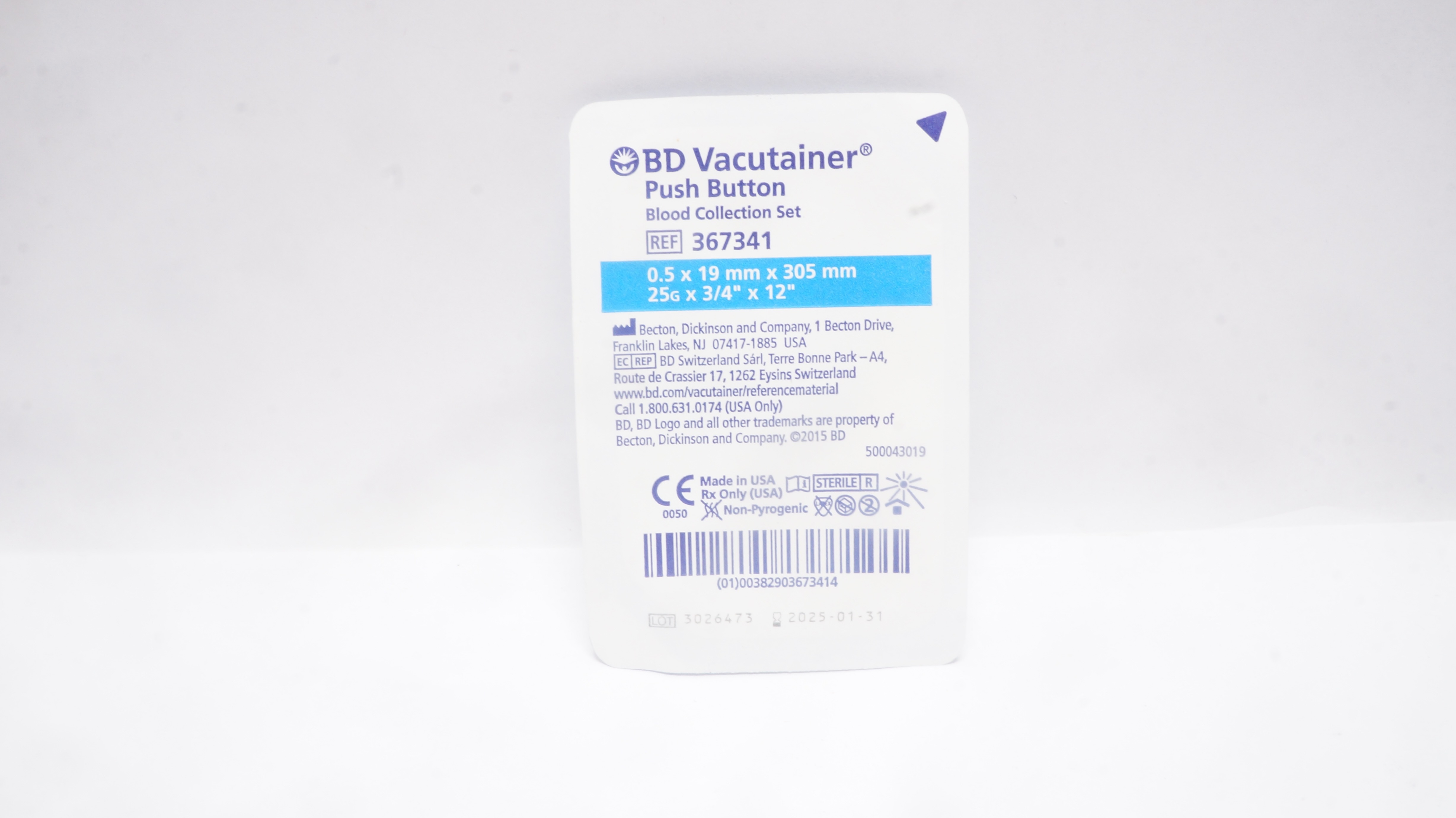 BD 367341 Vacutainer Push Button Blood Collection Set 25G x 3/4inch x 12inch