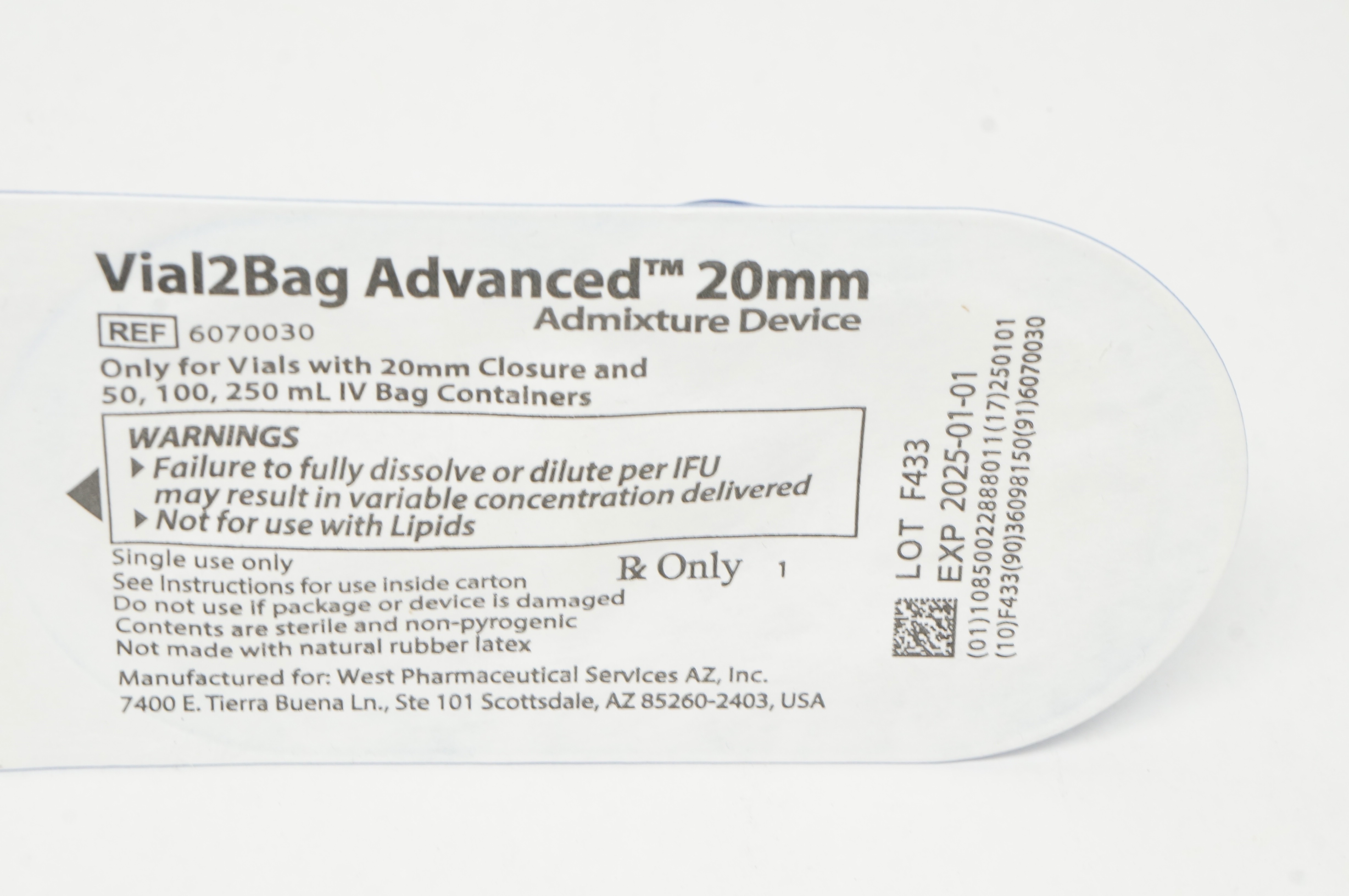 West Pharmaceutical 6070030 Vial2Bag Advanced Admixture Device 20mm